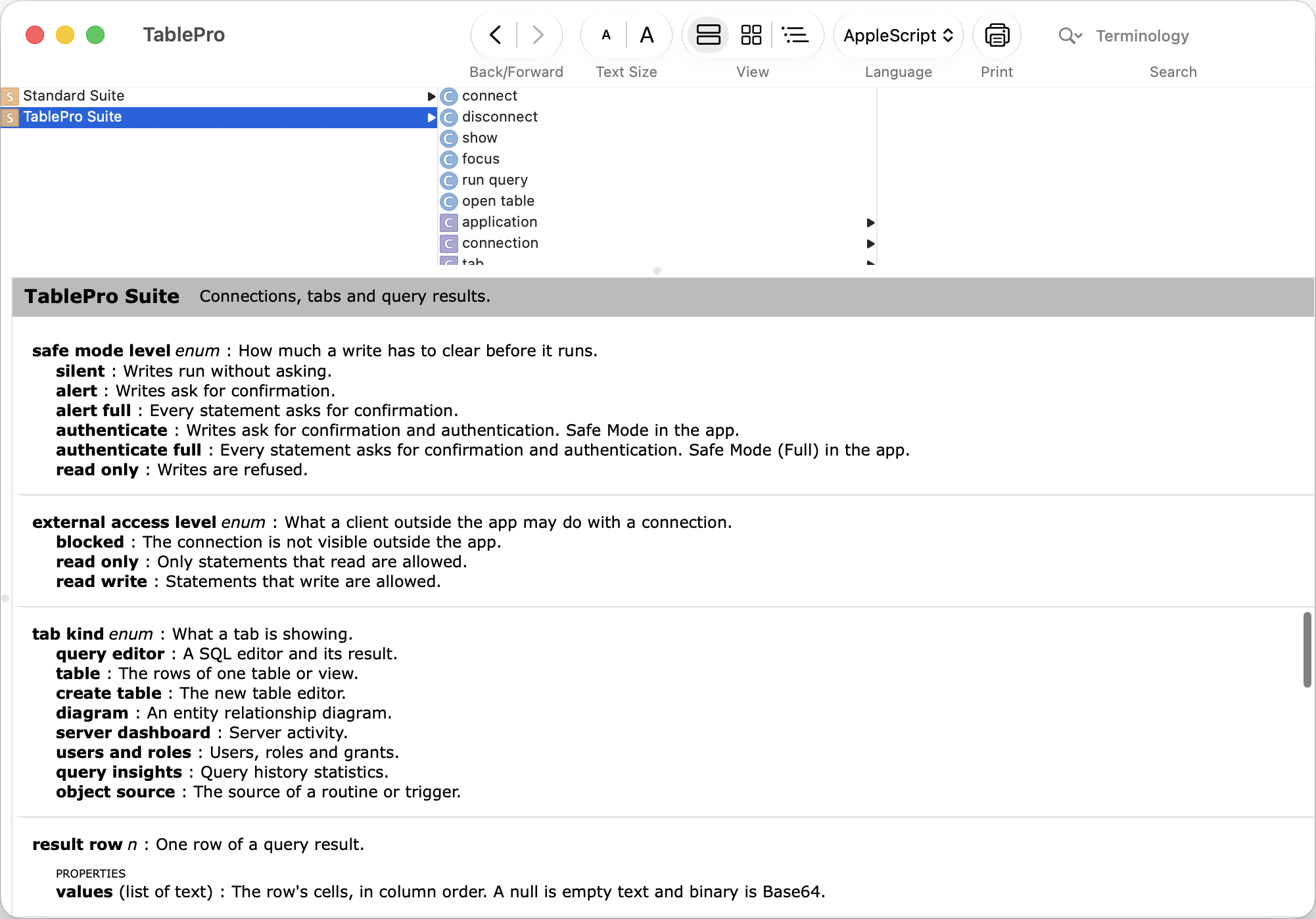 Script Editor's dictionary window for TablePro, listing Standard Suite and TablePro Suite in the left column, with the Standard Suite's open, save and close commands shown in the pane below