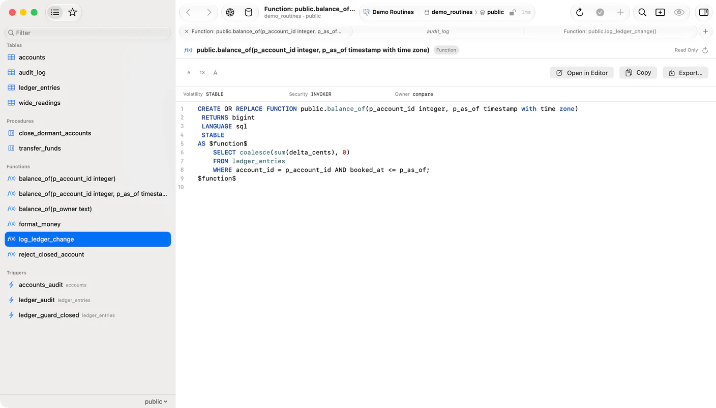 TablePro sidebar on a PostgreSQL database with Procedures, Functions and Triggers sections, three balance_of functions told apart by their arguments, and the read-only source viewer showing one of them with its volatility, security and owner above the syntax-highlighted body