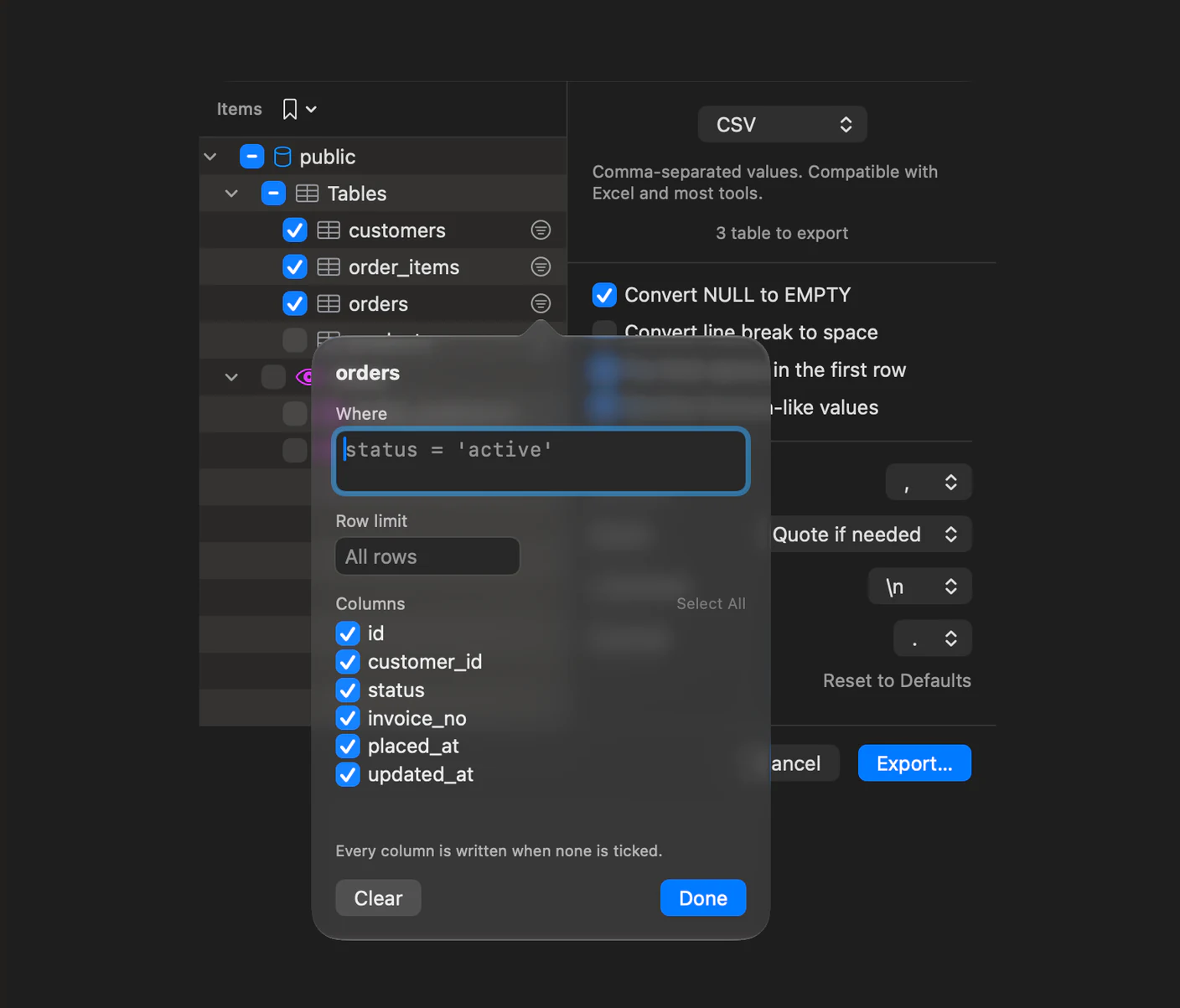 TablePro export sheet with three tables ticked in the object tree and a popover open over the orders row, holding a Where field, a Row limit field reading All rows, and a checklist of the table's six columns, with the CSV format panel and its options visible to the right