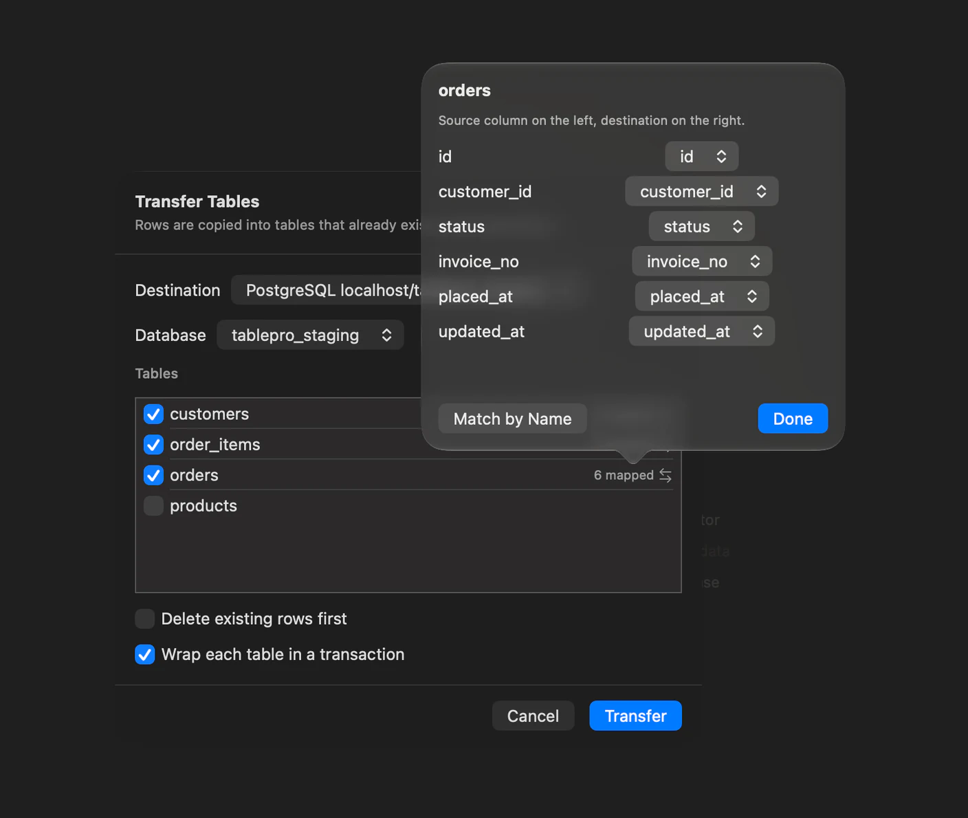 TablePro Transfer Tables sheet with a Destination picker set to another open connection and a Database picker below it, a checklist of source tables each reporting how many of its columns mapped, and an open popover pairing every source column of the orders table with its destination column beside a Match by Name button