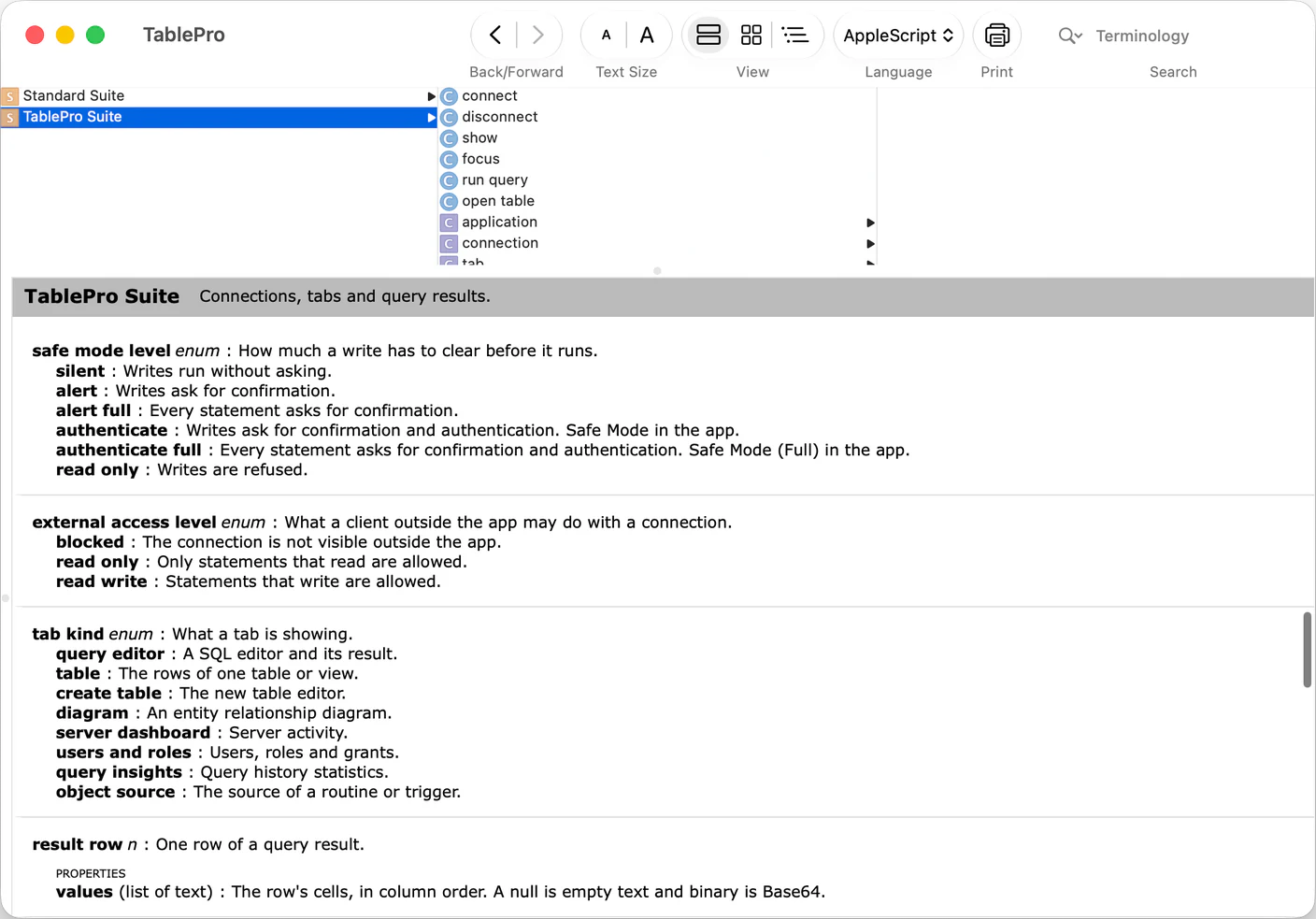 Script Editor's dictionary window for TablePro with the TablePro Suite selected beside the Standard Suite, its commands such as connect, run query and open table listed, and below them the suite's safe mode level, external access level and tab kind enumerations