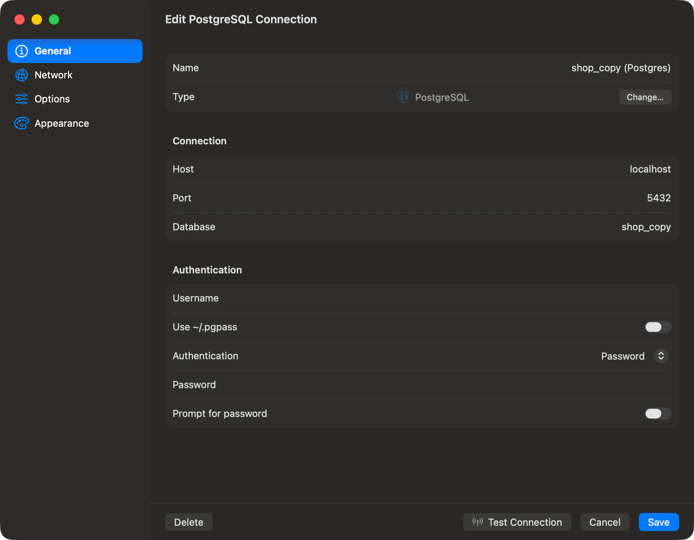 TablePro connection editor for a PostgreSQL connection, with a four-item sidebar reading General, Network, Options and Appearance, credential fields filling the pane, and Test Connection, Cancel and Save on a bar along the bottom