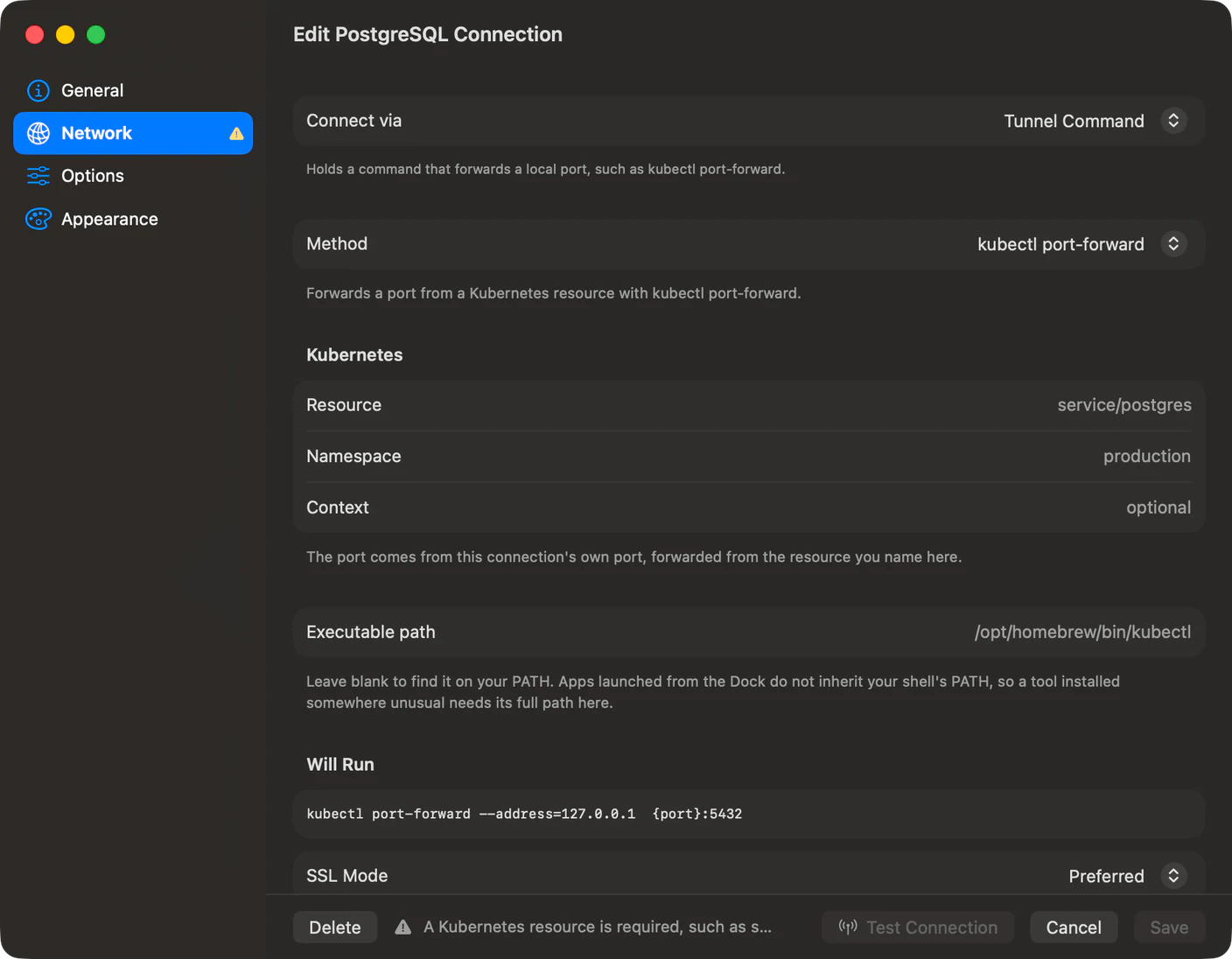 TablePro Network section with Connect via set to Tunnel Command and the kubectl port-forward method selected, empty resource, namespace and context fields showing their placeholder text, an executable path, and a Will Run panel with the exact argument list and a {port} placeholder