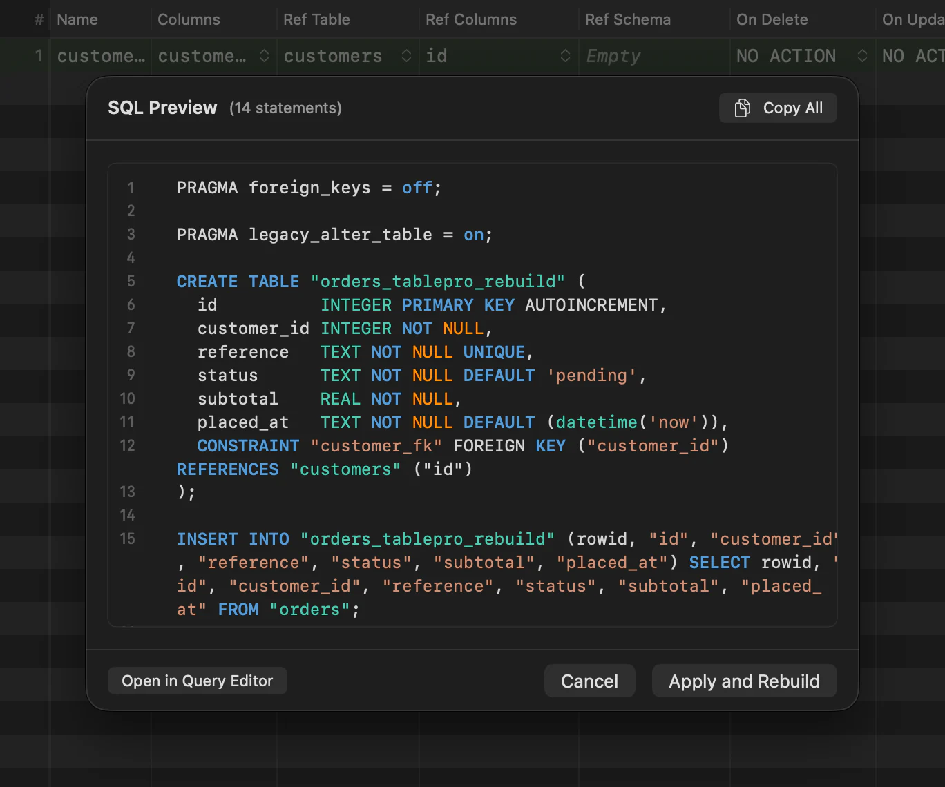 TablePro SQL Preview of 14 statements for adding a foreign key to a SQLite orders table, starting with PRAGMA foreign_keys = off, then the rebuilt table's CREATE TABLE with the customer_fk constraint and the INSERT SELECT that copies the rows, above Open in Query Editor, Cancel and Apply and Rebuild buttons