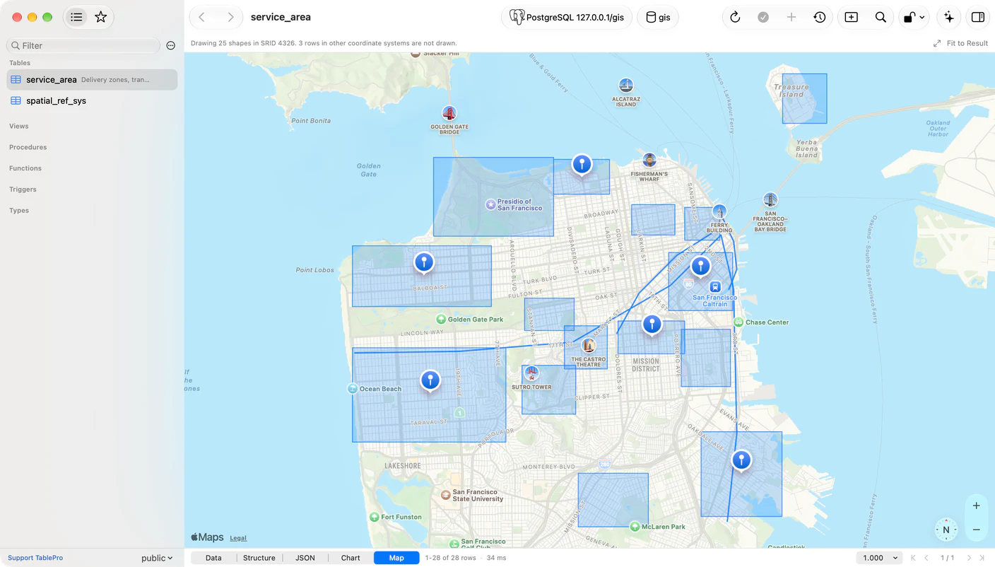 TablePro on the Map segment for a PostGIS table of San Francisco service areas, with fifteen blue polygons, four transit lines and six depot pins drawn over an Apple Maps street view, a line above the map reading Drawing 25 shapes in SRID 4326, 3 rows in other coordinate systems are not drawn, a Fit to Result button on the right, and Data, Structure, JSON, Chart and Map segments along the bottom with Map selected