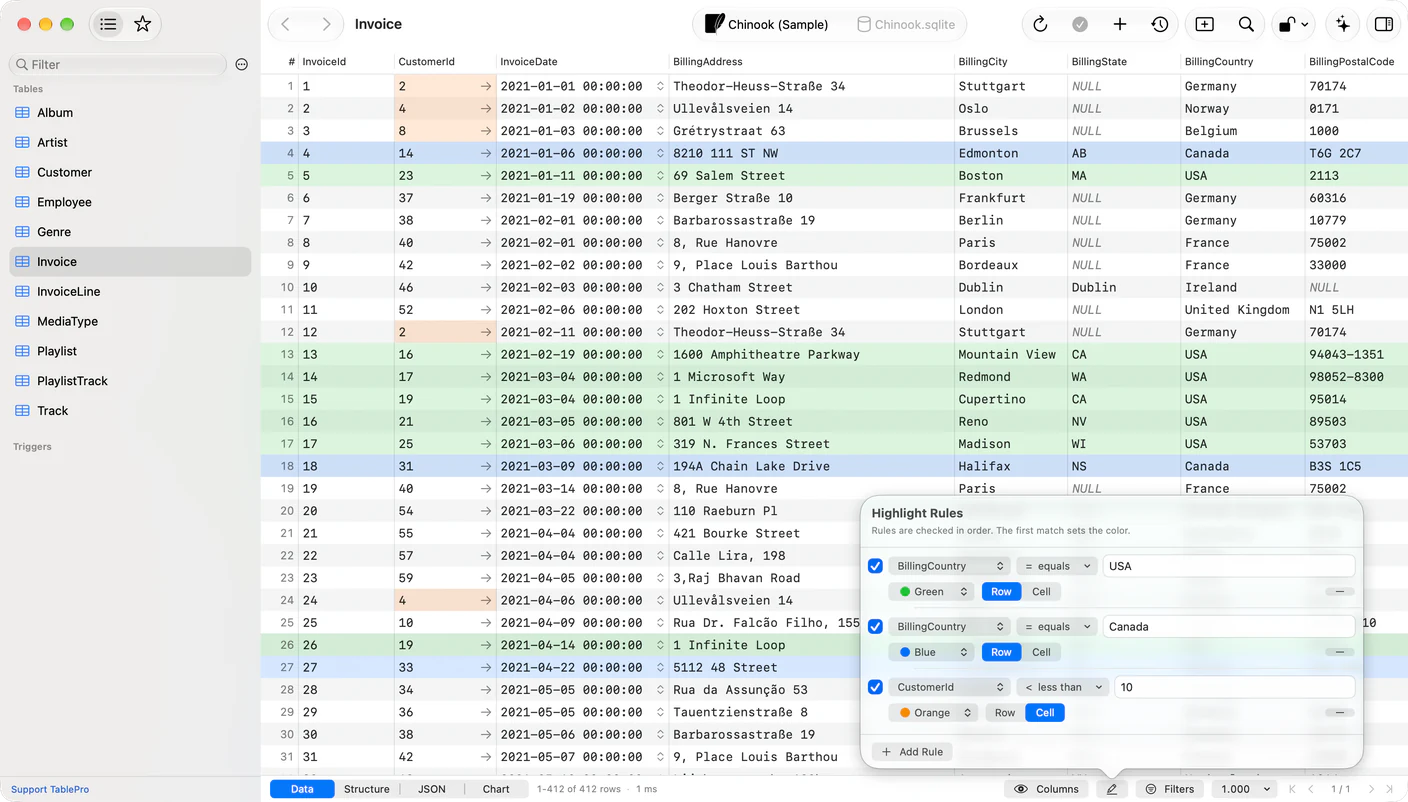 TablePro Highlight Rules popover over an invoice grid, listing three rules with a column, an operator, a value and a colour each, with US invoice rows tinted green, Canadian rows blue, and individual customer ID cells orange