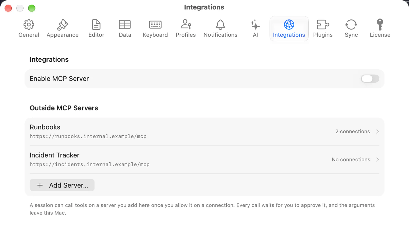 TablePro Settings open on Integrations, with Enable MCP Server switched off above an Outside MCP Servers list holding Runbooks at runbooks.internal.example/mcp allowed on 2 connections and Incident Tracker allowed on none, and an Add Server button below them
