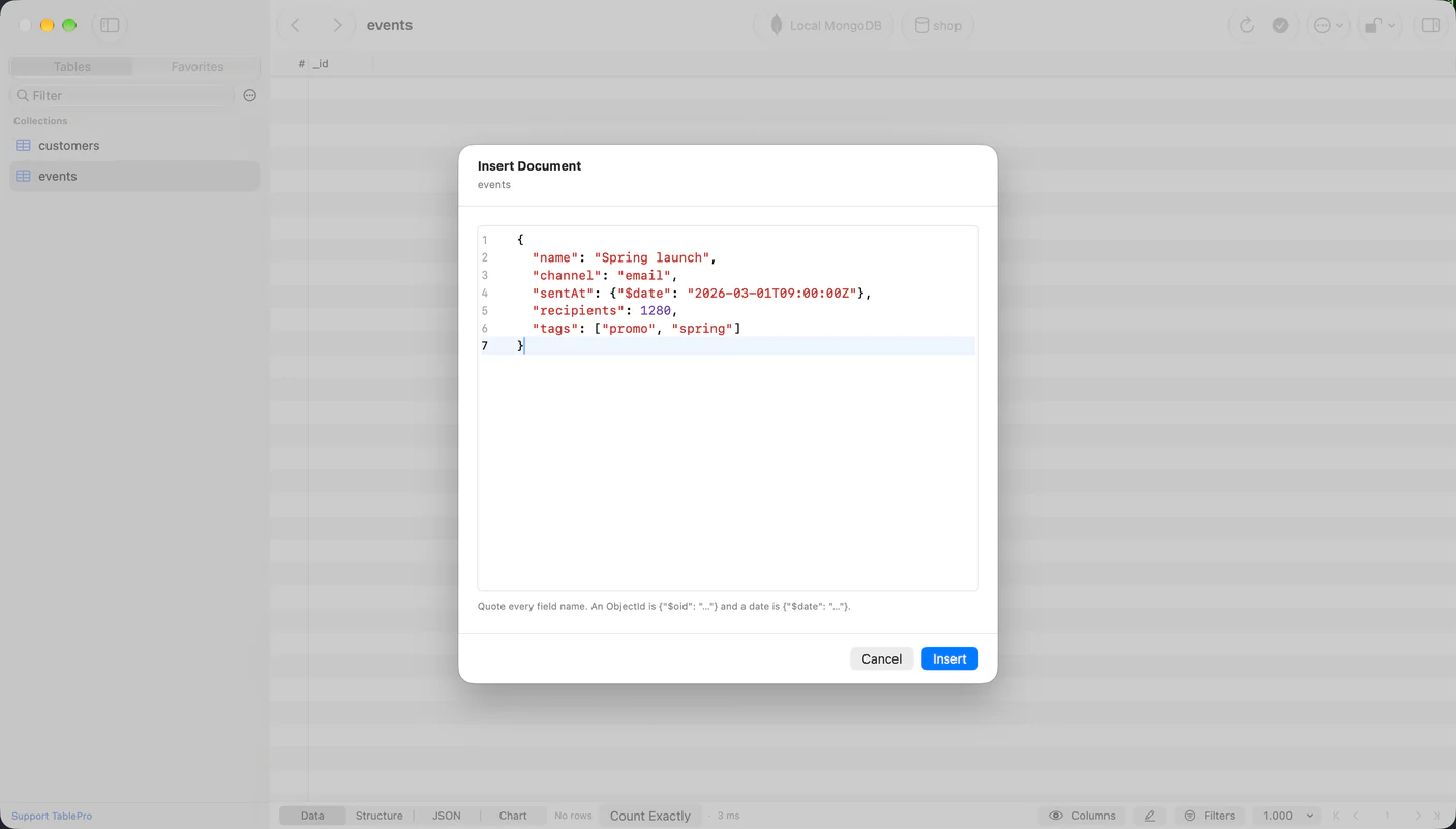 Insert Document sheet over an empty events collection, holding a document with a name, a channel, a sentAt date written as $date, a recipients count and a tags array, with a hint to quote every field name and Cancel and Insert buttons
