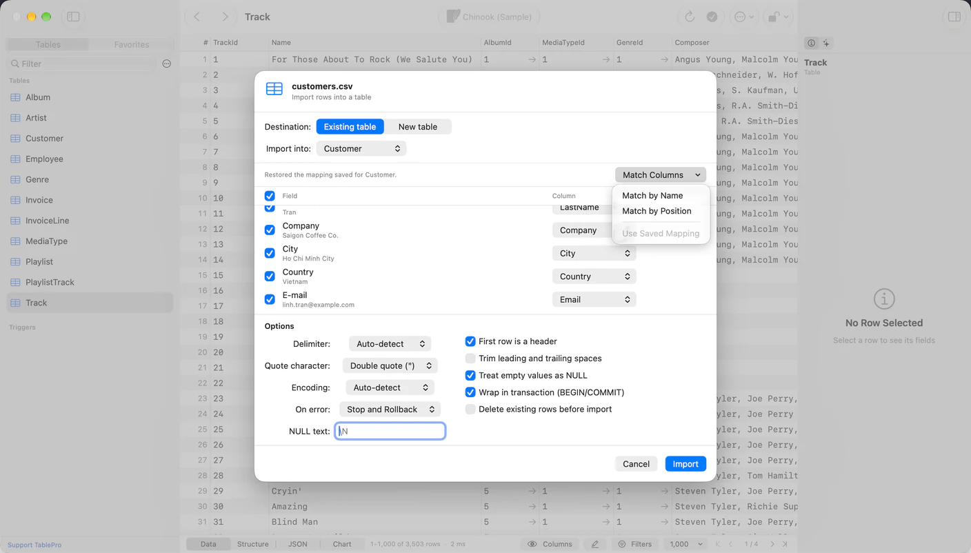 Import sheet for customers.csv into the existing Customer table of the Chinook sample database, with the note Restored the mapping saved for Customer beside an open Match Columns menu offering Match by Name, Match by Position and a dimmed Use Saved Mapping, above a field list that maps Company, City, Country and E-mail to the Company, City, Country and Email columns