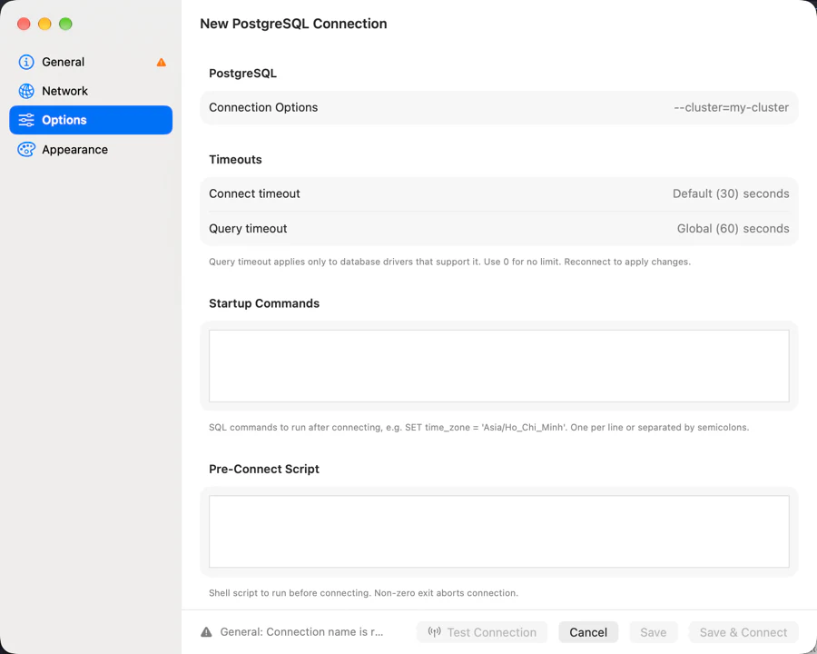 New PostgreSQL Connection sheet open on Options, with a Timeouts section holding Connect timeout showing Default (30) seconds and Query timeout showing Global (60) seconds, above the Startup Commands and Pre-Connect Script fields