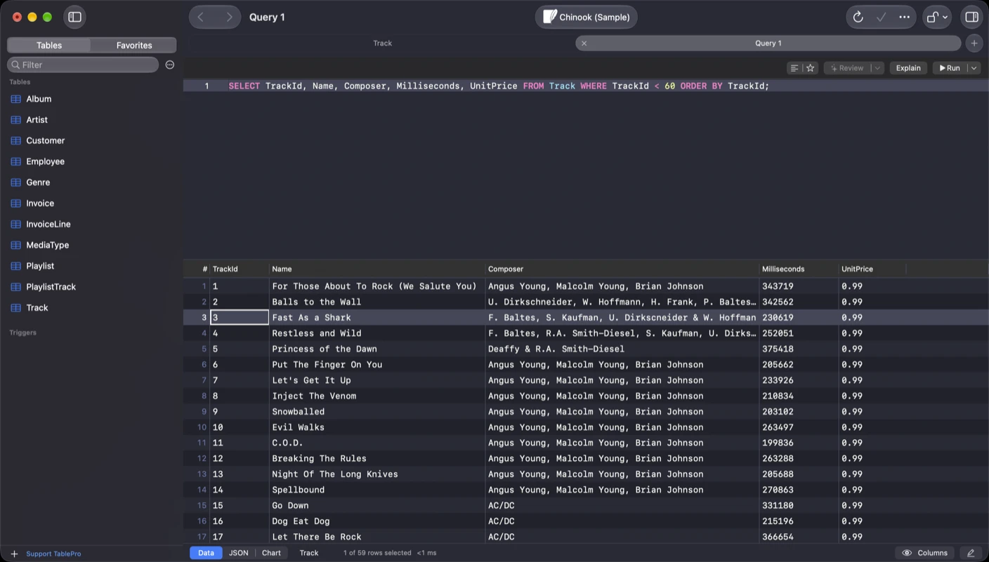 TablePro main window in dark mode under the Dracula theme, with a SELECT on the Chinook Track table highlighted in pink, cyan and yellow, the editor and result grid in the theme's dark purple-grey, and the sidebar listing the sample database's tables