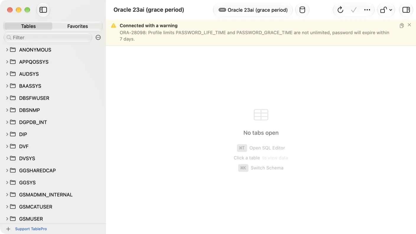 TablePro main window connected to an Oracle 23ai database, with a yellow banner reading Connected with a warning and ORA-28098 saying the password will expire within 7 days, the schema list in the sidebar, and No tabs open in the main area