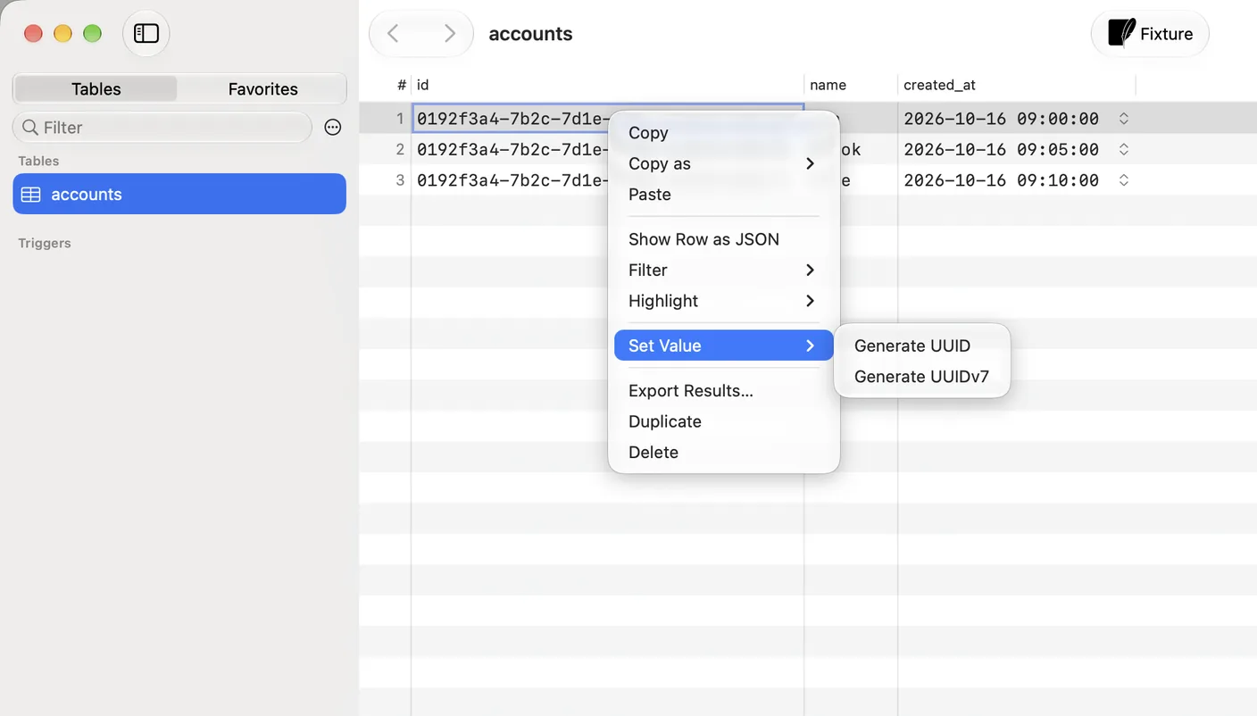TablePro data grid with an accounts table of three rows whose id column holds UUIDs, the first id cell right-clicked and a menu open with Copy, Copy as, Paste, Show Row as JSON, Filter, Highlight, Set Value, Export Results, Duplicate and Delete, and the Set Value submenu showing Generate UUID and Generate UUIDv7