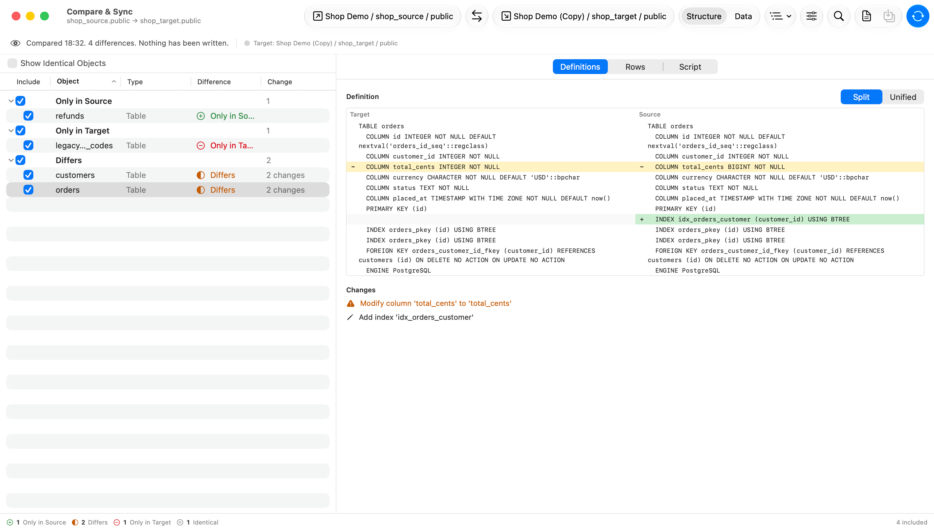 TablePro Compare and Sync window with a source and target connection selected at the top, a list of database objects down the left grouped by Table, View, Procedure and Trigger, each row marked as only in source, only in target or different, and the generated ALTER script shown in the pane on the right