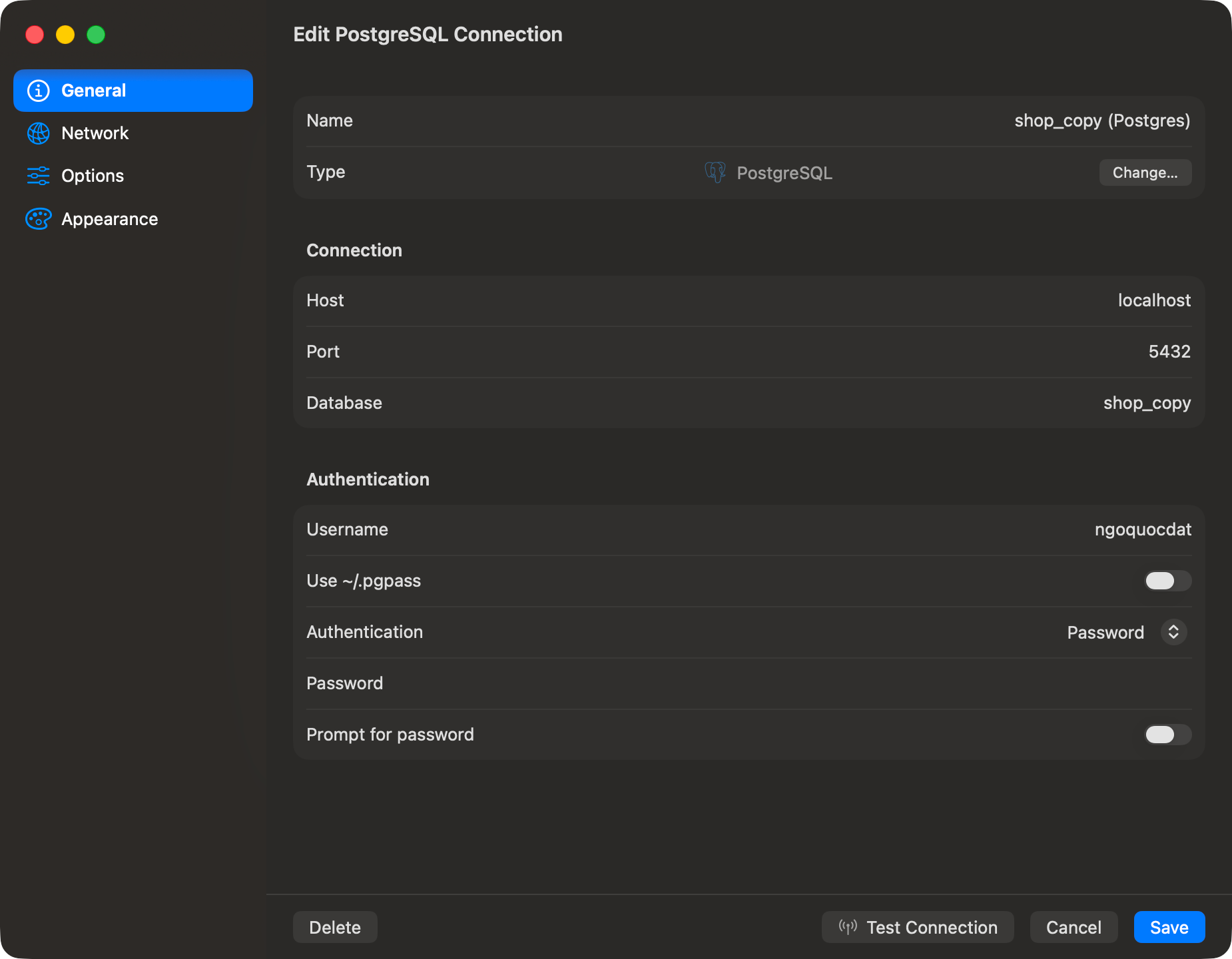TablePro connection editor for a PostgreSQL connection, with a four-item sidebar reading General, Network, Options and Appearance, credential fields filling the pane, and Test Connection, Cancel and Save on a bar along the bottom