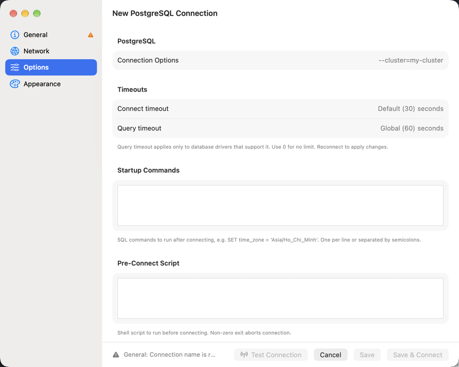 New PostgreSQL Connection sheet open on Options, with a Timeouts section holding Connect timeout showing Default (30) seconds and Query timeout showing Global (60) seconds, above the Startup Commands and Pre-Connect Script fields