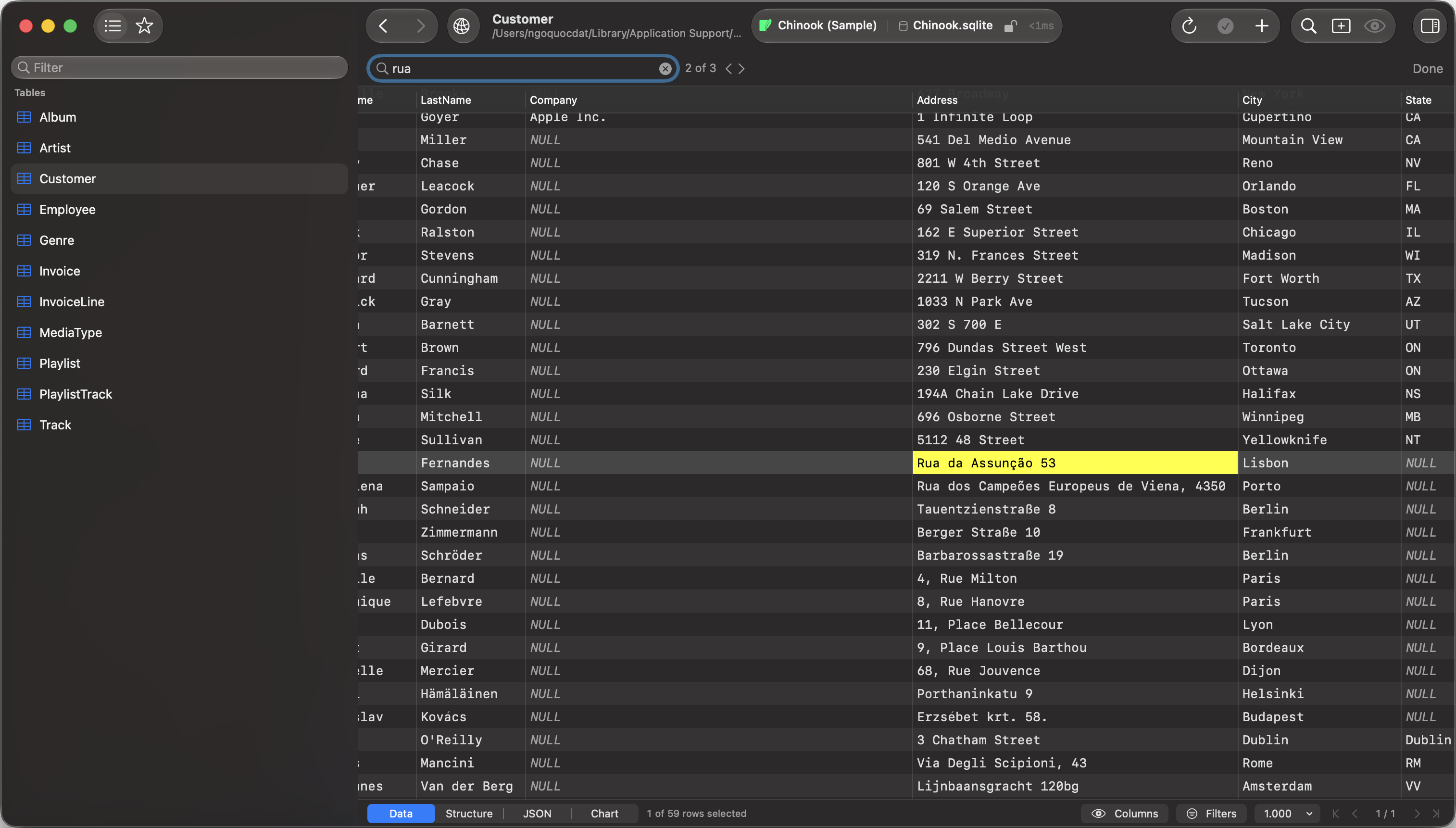 TablePro data grid on the Customer table with the find bar open on the term rua, the counter reading 2 of 3, and the matching cell Rua da Assuncao 53 highlighted in the Address column
