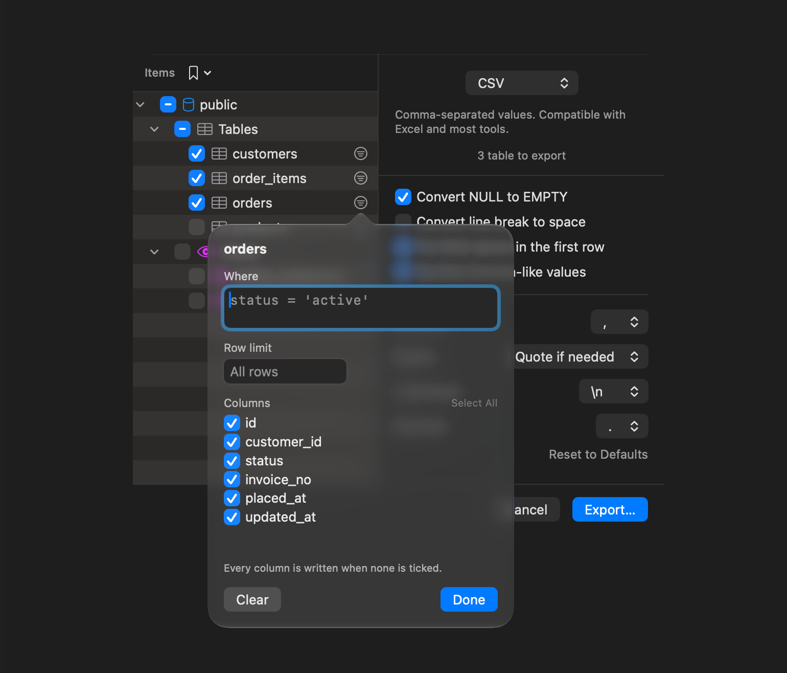 TablePro export sheet with three tables ticked in the object tree and a popover open over the orders row, holding a Where field, a Row limit field reading All rows, and a checklist of the table's six columns, with the CSV format panel and its options visible to the right