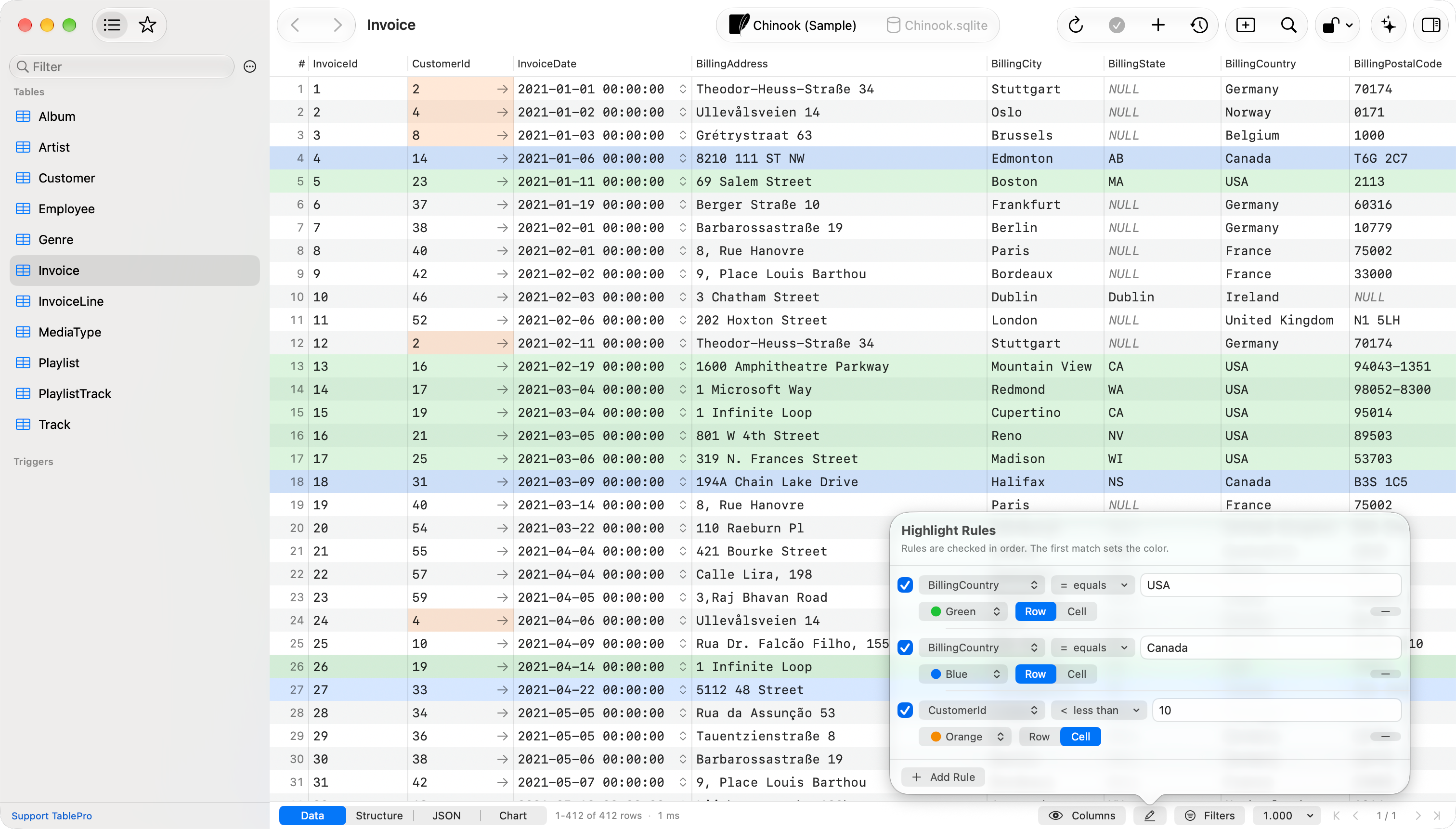 TablePro Highlight Rules popover over an invoice grid, listing three rules with a column, an operator, a value and a colour each, with US invoice rows tinted green, Canadian rows blue, and individual customer ID cells orange