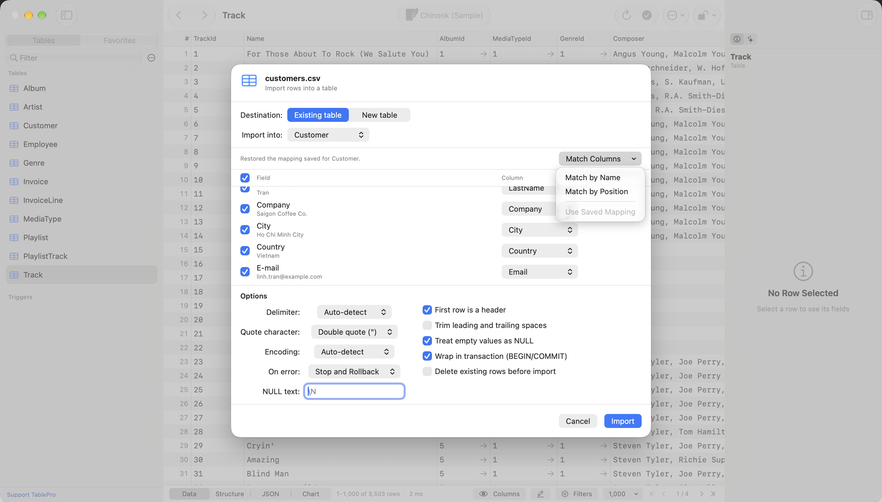Import sheet for customers.csv into the existing Customer table of the Chinook sample database, with the note Restored the mapping saved for Customer beside an open Match Columns menu offering Match by Name, Match by Position and a dimmed Use Saved Mapping, above a field list that maps Company, City, Country and E-mail to the Company, City, Country and Email columns
