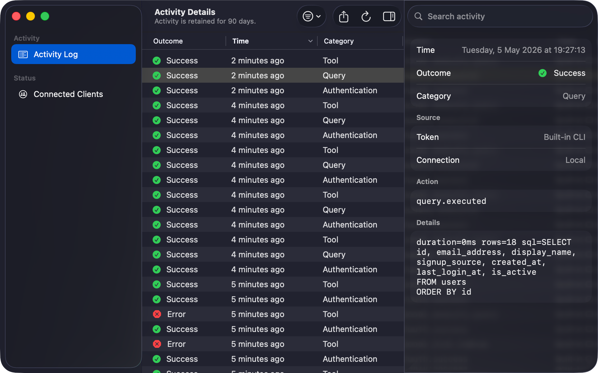 TablePro Activity Log with recent MCP tool calls including a denied write attempt against a read-only connection