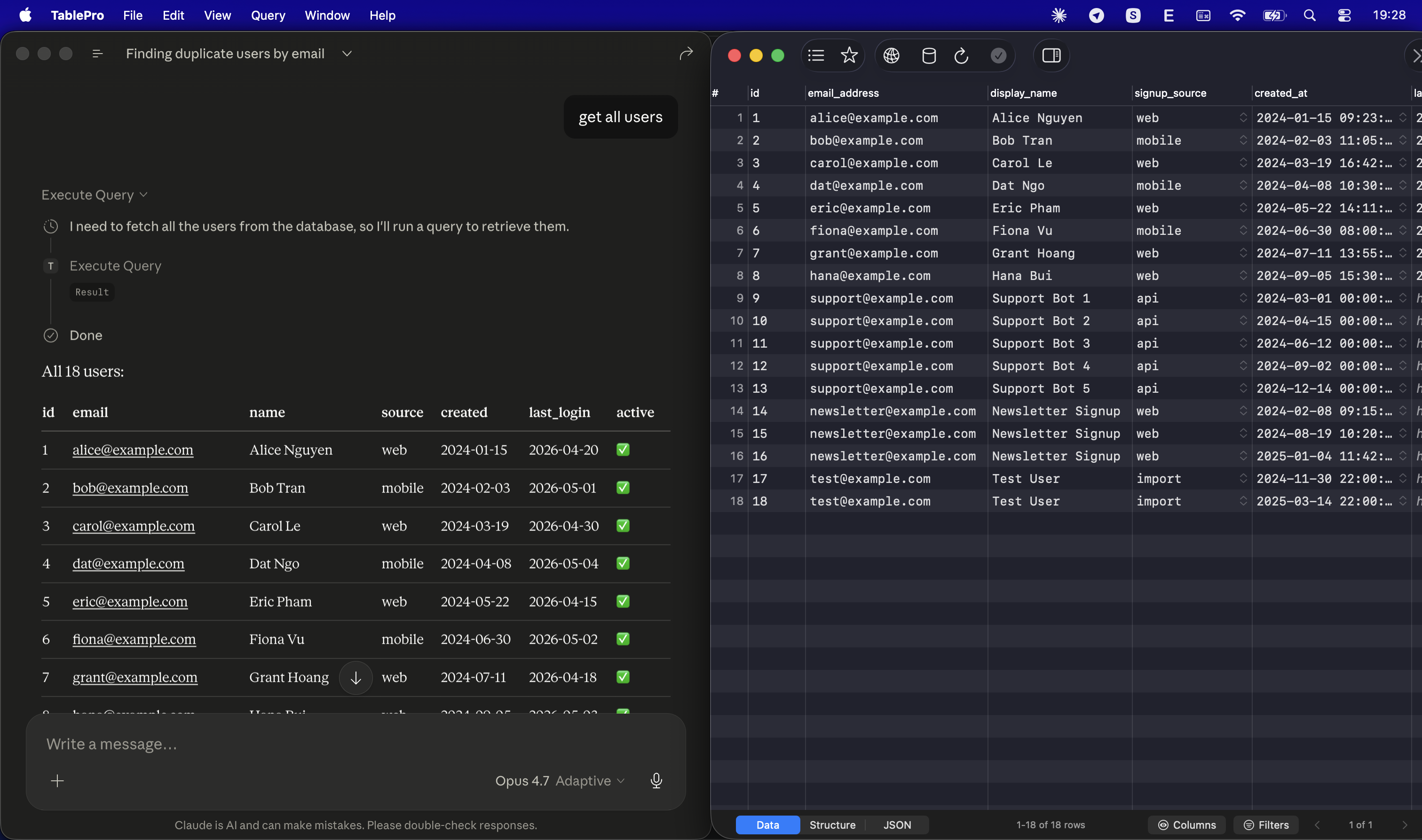Claude Desktop calling a TablePro MCP tool to query a users table, with the same result open in TablePro's data grid
