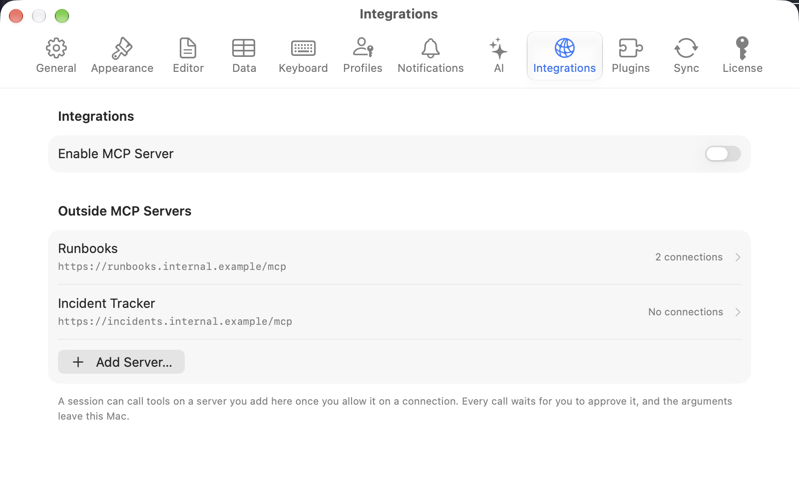 TablePro Settings open on Integrations, with Enable MCP Server switched off above an Outside MCP Servers list holding Runbooks at runbooks.internal.example/mcp allowed on 2 connections and Incident Tracker allowed on none, and an Add Server button below them