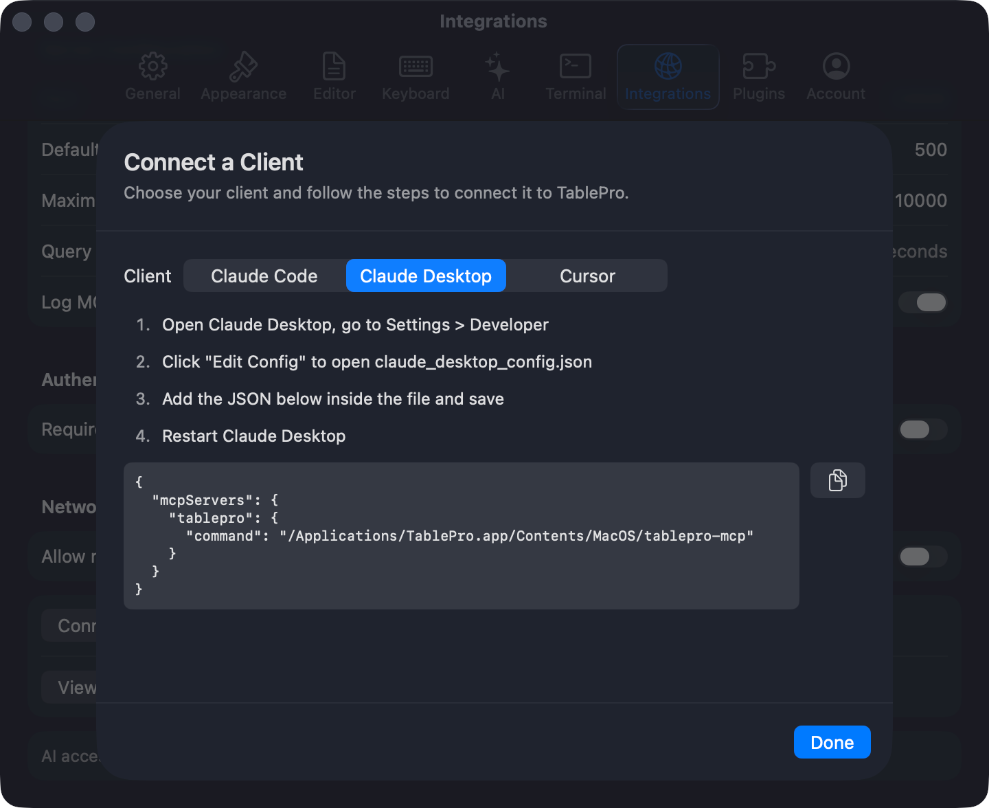 TablePro Connect a Client sheet with tabs for Claude Code, Claude Desktop, and Cursor, showing the JSON snippet to paste into the chosen client's config