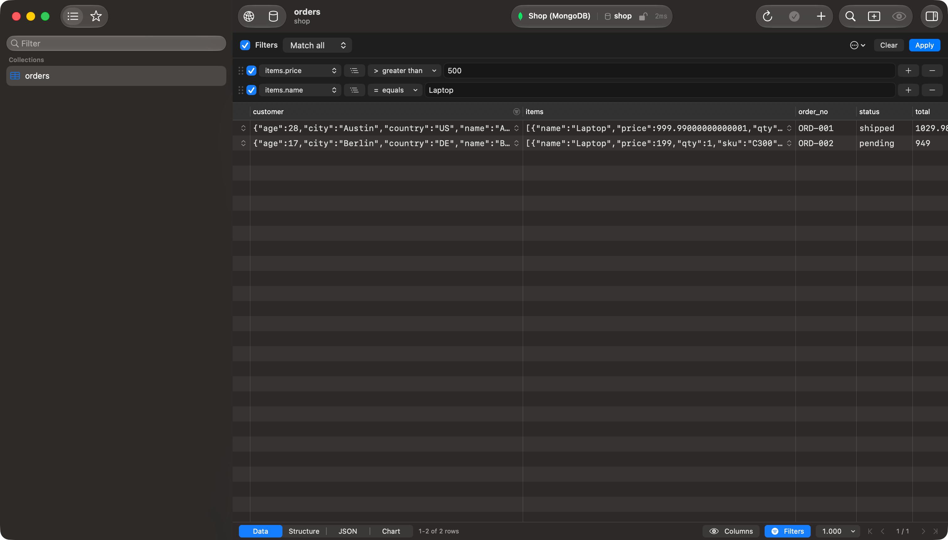 TablePro filter panel on a MongoDB orders collection with two rows, items.price greater than 500 and items.name equals Laptop, and the two matching orders listed in the grid below