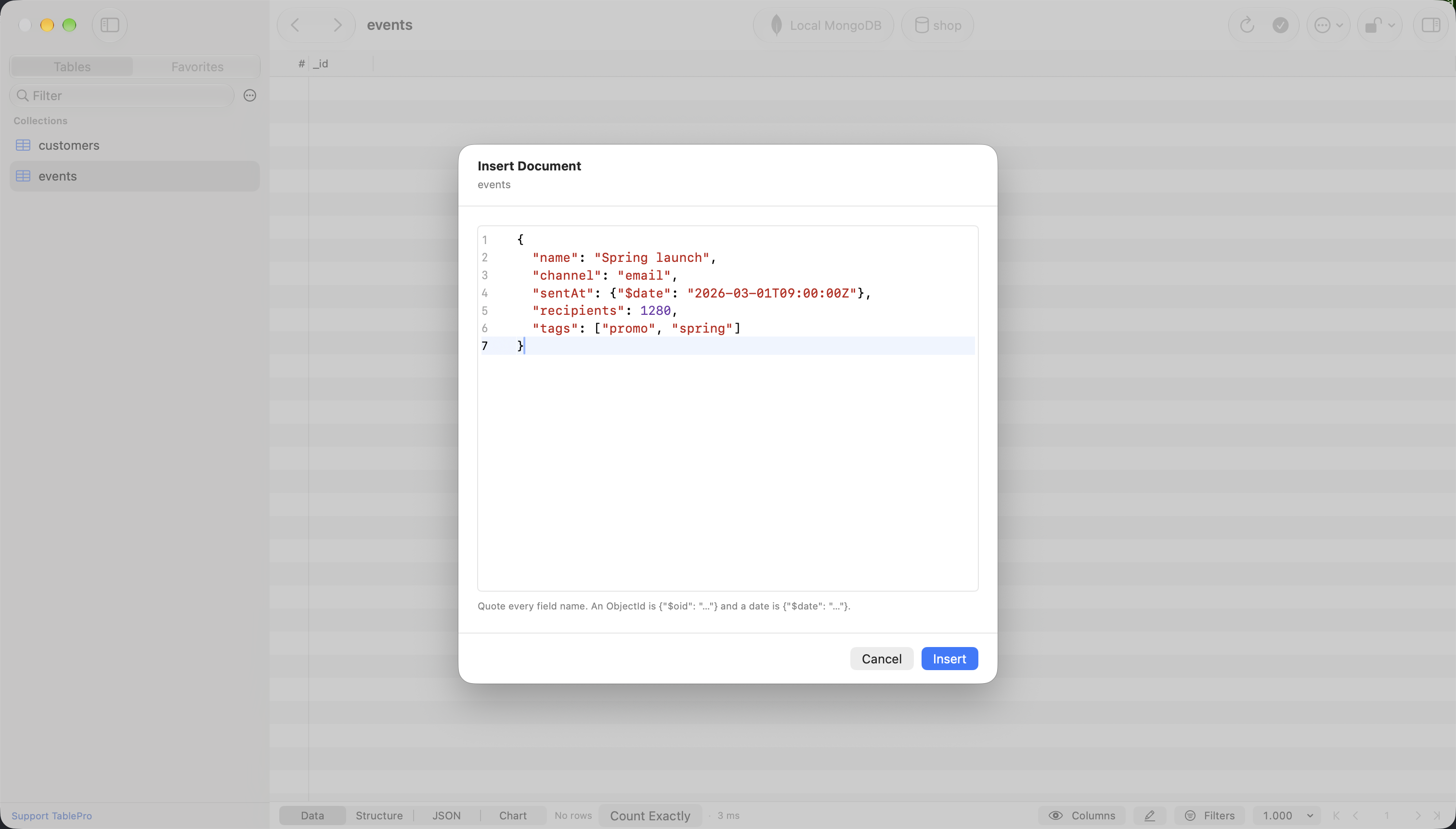 Insert Document sheet over an empty events collection, holding a document with a name, a channel, a sentAt date written as $date, a recipients count and a tags array, with a hint to quote every field name and Cancel and Insert buttons
