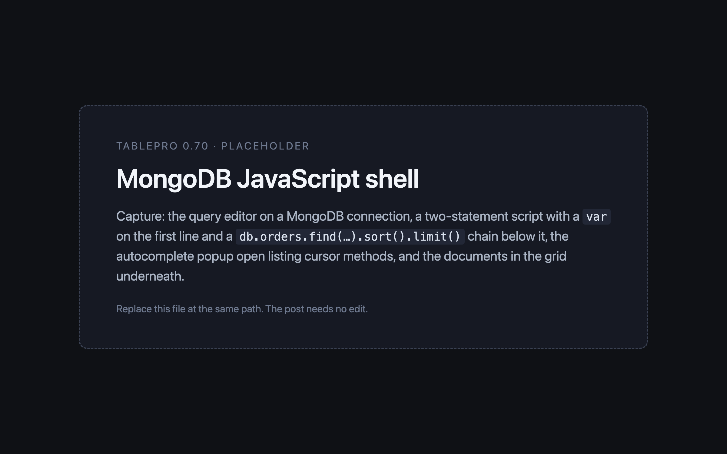 TablePro query editor connected to MongoDB with a multi-statement JavaScript script, a var declaration on the first line and a db.orders.find chain with sort and limit below it, the autocomplete popup open after a find call listing cursor methods, and the resulting documents in the grid underneath