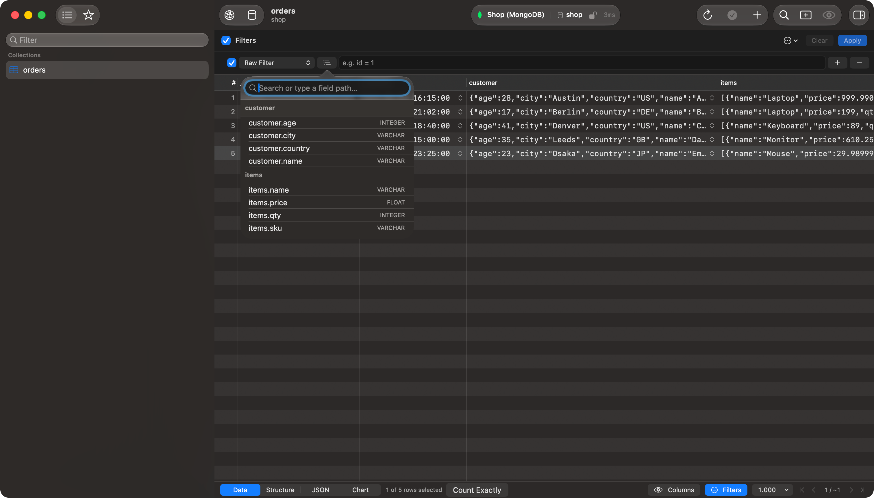 TablePro filter panel on a MongoDB orders collection with the field path browser open, listing customer.age, customer.city, customer.country and customer.name under customer and items.name, items.price, items.qty and items.sku under items, each with its detected type