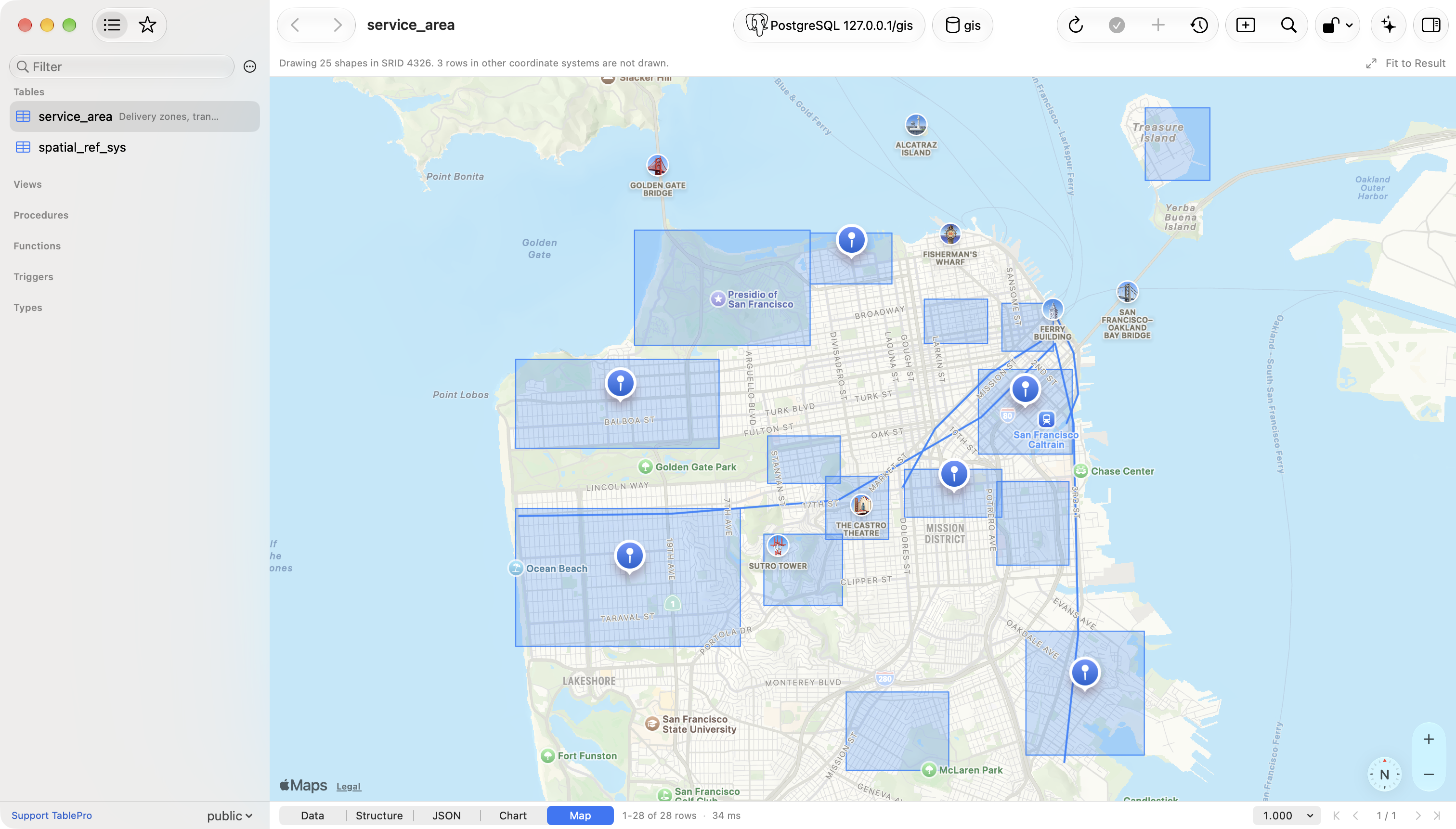 TablePro on the Map segment for a PostGIS table of San Francisco service areas, with fifteen blue polygons, four transit lines and six depot pins drawn over an Apple Maps street view, a line above the map reading Drawing 25 shapes in SRID 4326, 3 rows in other coordinate systems are not drawn, a Fit to Result button on the right, and Data, Structure, JSON, Chart and Map segments along the bottom with Map selected