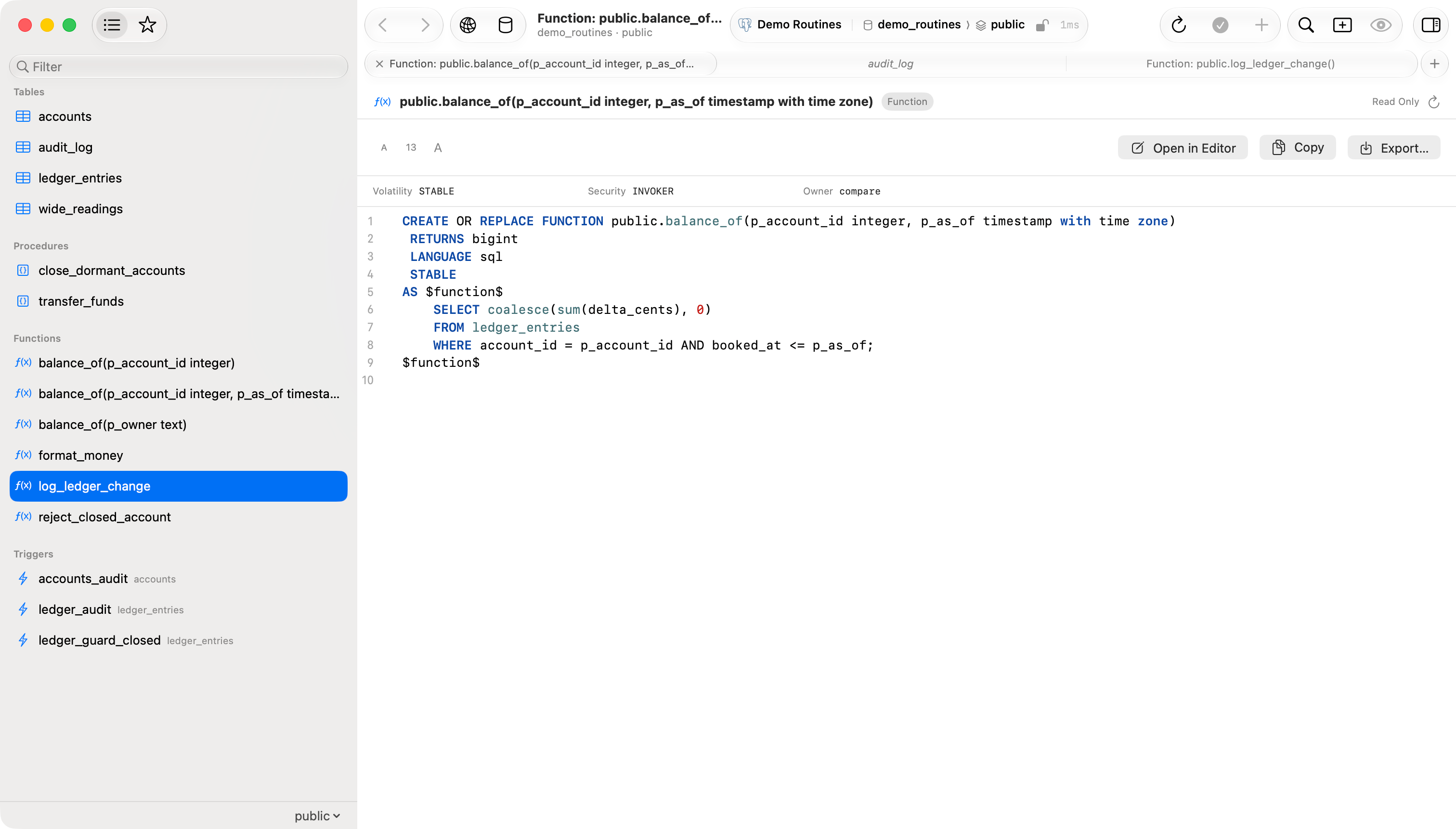 TablePro sidebar with Procedures, Functions and Triggers sections expanded on a PostgreSQL database, one function selected showing two overloads distinguished by their argument signatures, and the read-only source viewer open beside it with the function body syntax highlighted