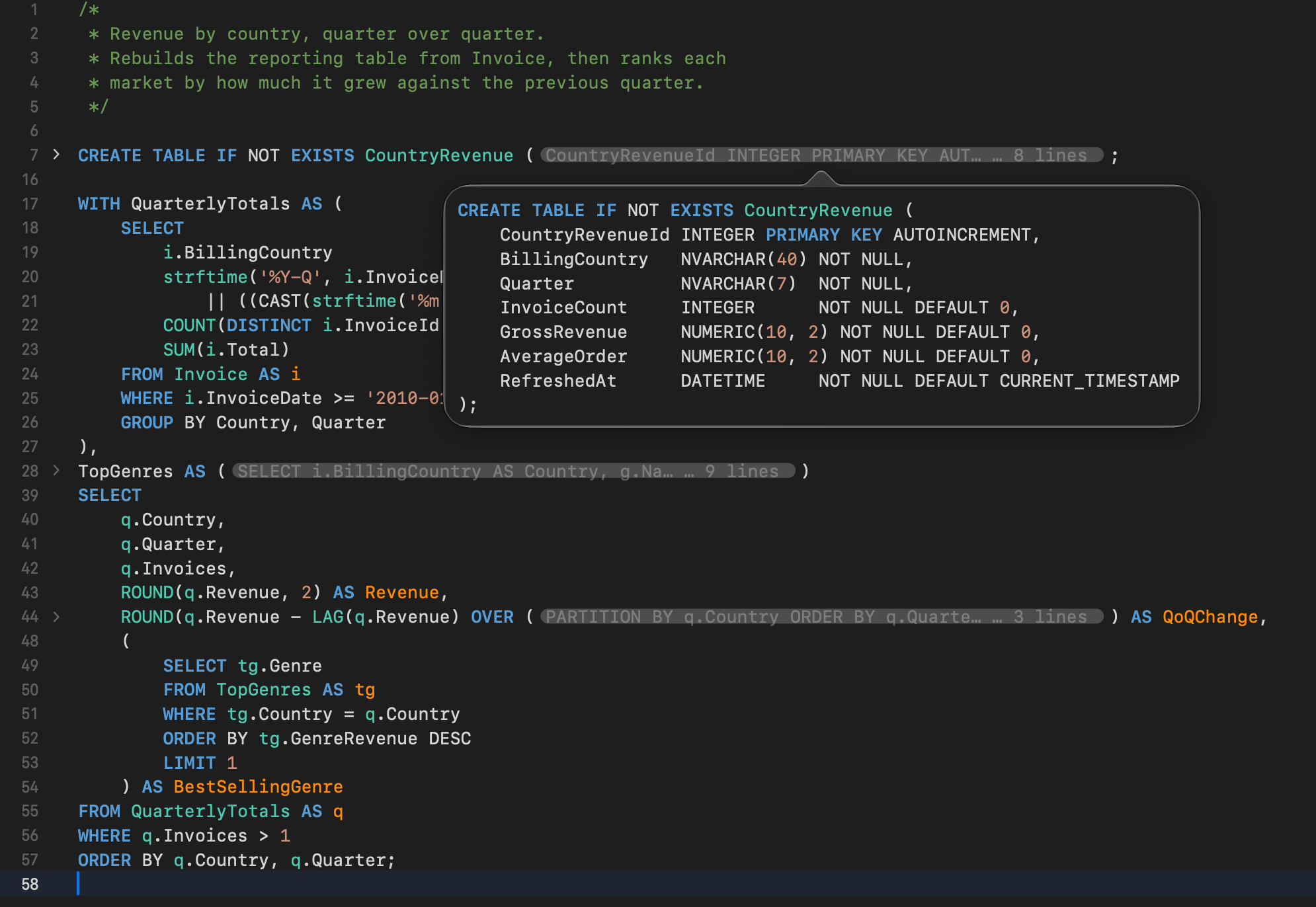 TablePro SQL editor showing three folded regions, each collapsed to a chip naming its opening line and hidden line count, with a peek popover open over the folded CREATE TABLE and its full body syntax highlighted inside