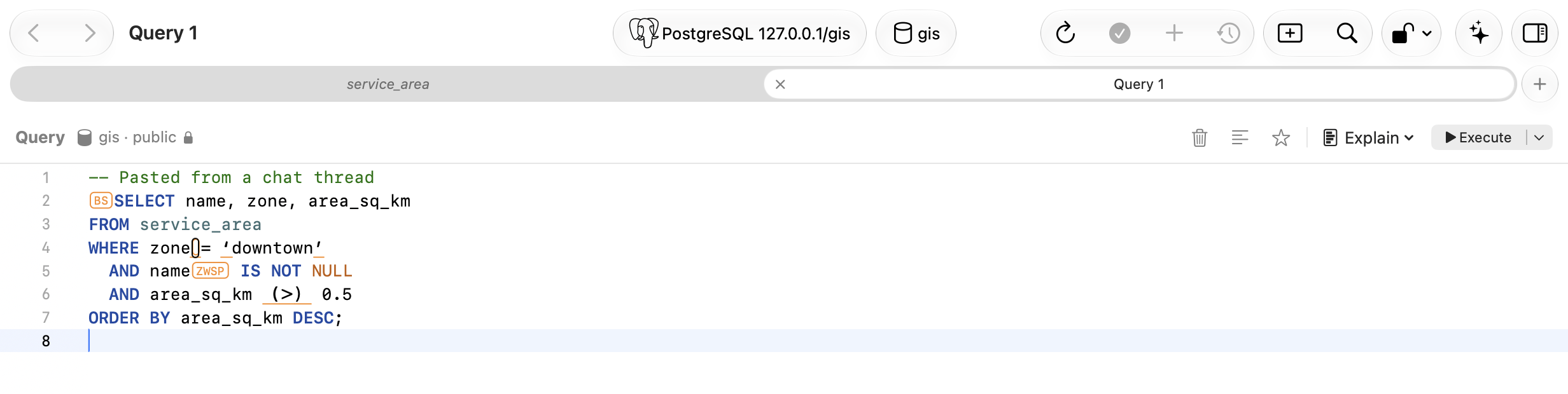 TablePro SQL editor holding a query pasted from a chat thread, with an orange BS box before SELECT on line 2, an outlined no-break space after zone on line 4, an orange ZWSP box after name on line 5, and orange underlines beneath the curly quotes around downtown and beneath a full-width greater-than sign on line 6