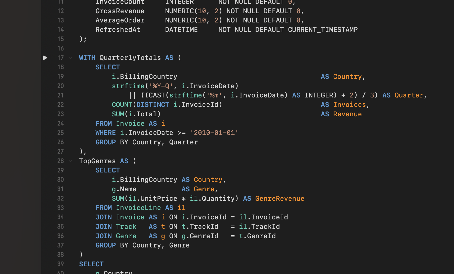 TablePro SQL editor gutter with a run control beside the WITH statement on line 17, next to the fold chevrons for that statement and the one below it