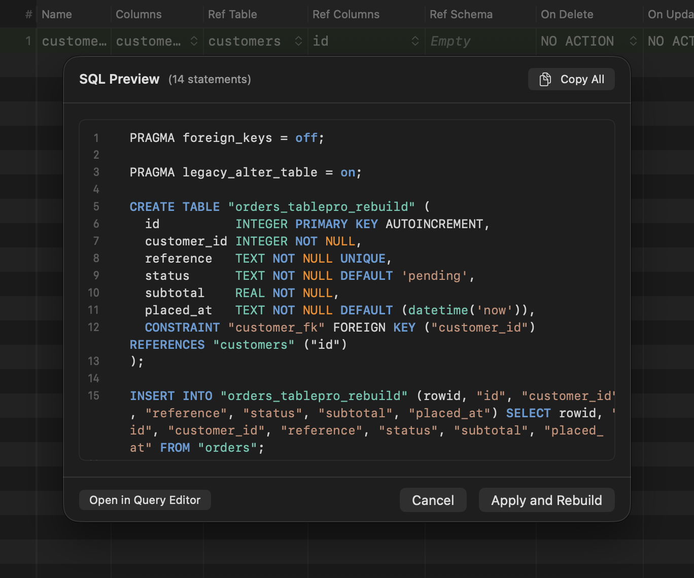 TablePro rebuild review sheet for a SQLite table, showing the full generated script with CREATE TABLE, INSERT SELECT, index and trigger recreation and a PRAGMA foreign_key_check, above Cancel and Run buttons