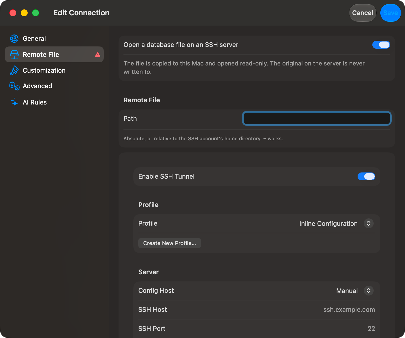 TablePro New Connection sheet for SQLite with the Remote File pane selected, showing SSH host, port, username and key fields filled in above a remote path pointing at a .db file on the server, and a note that the copy opens read-only