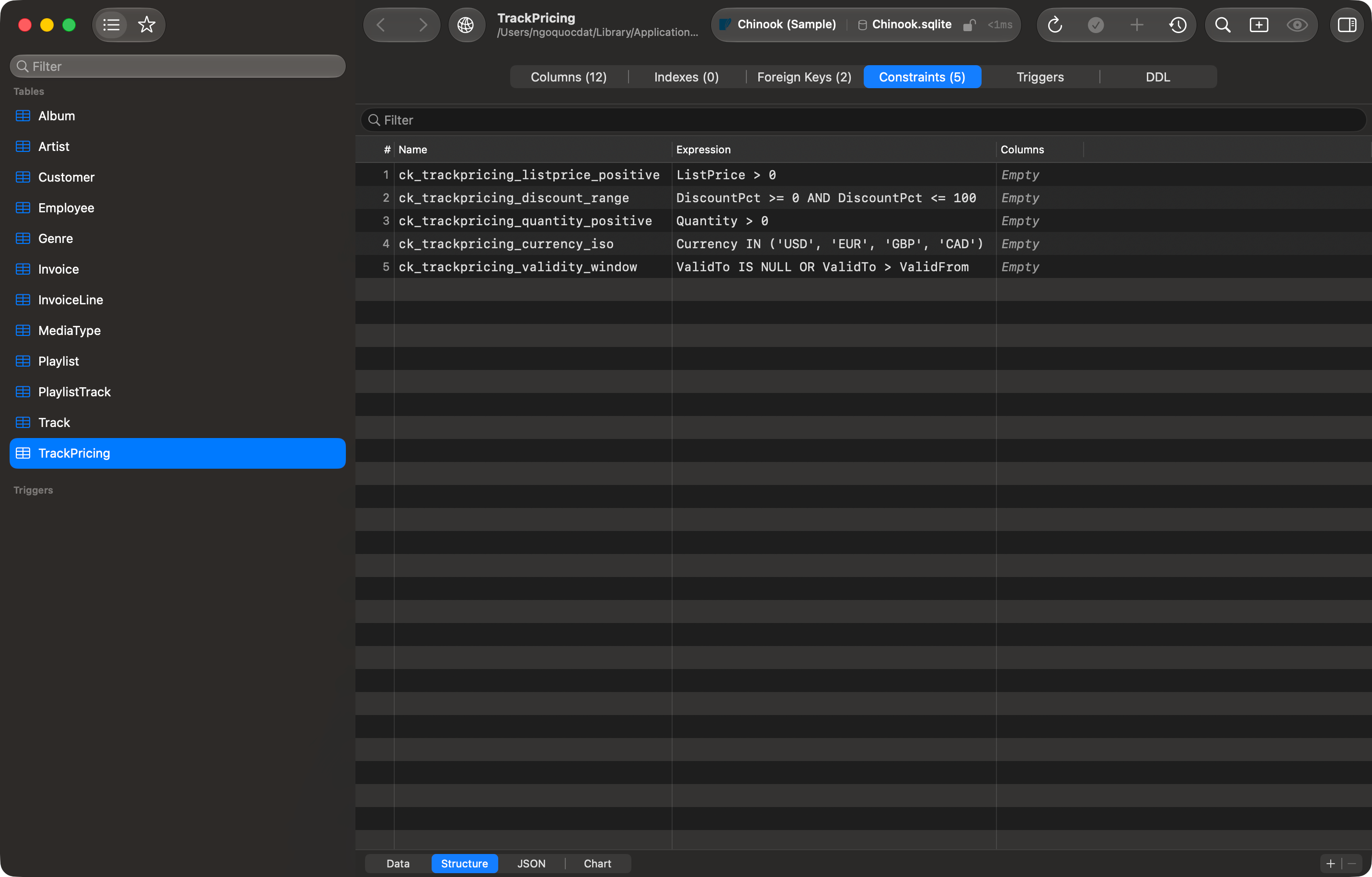 TablePro structure editor with the Constraints tab selected, listing check constraints by name with their full expression in a second column, an add and remove control below the list, and the Columns tab visible alongside showing a column row with its Generated toggle and Expression field filled in