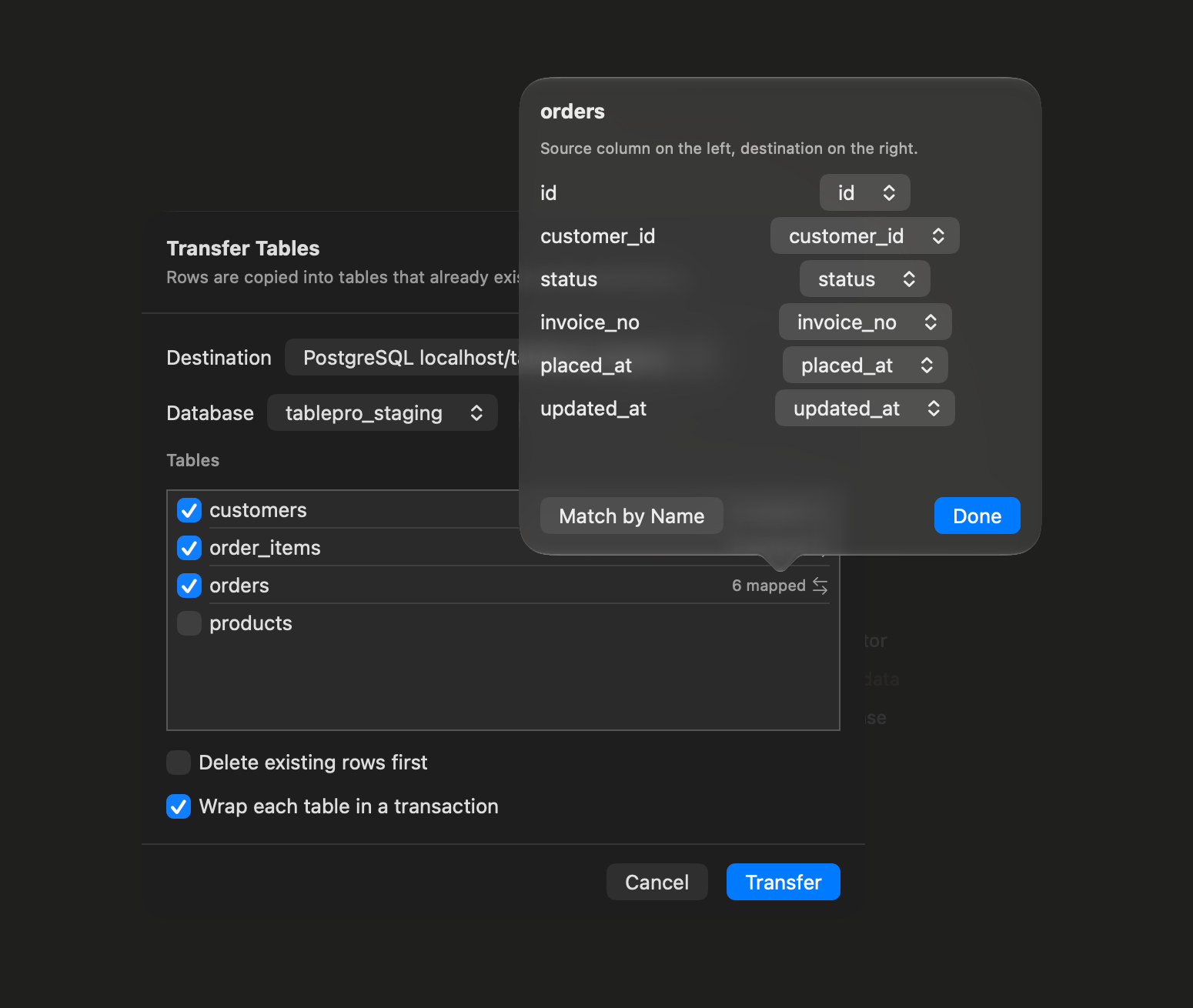 TablePro Transfer Tables sheet with a Destination picker set to another open connection and a Database picker below it, a checklist of source tables each reporting how many of its columns mapped, and an open popover pairing every source column of the orders table with its destination column beside a Match by Name button