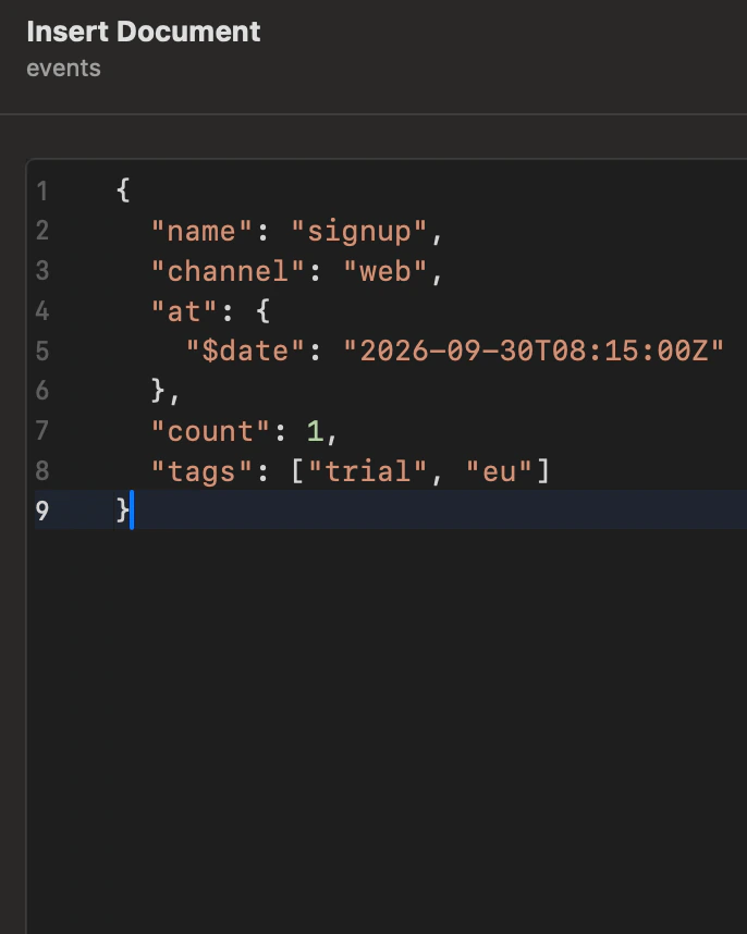 Hộp thoại Insert Document trên collection events của MongoDB, với một document viết bằng Extended JSON.