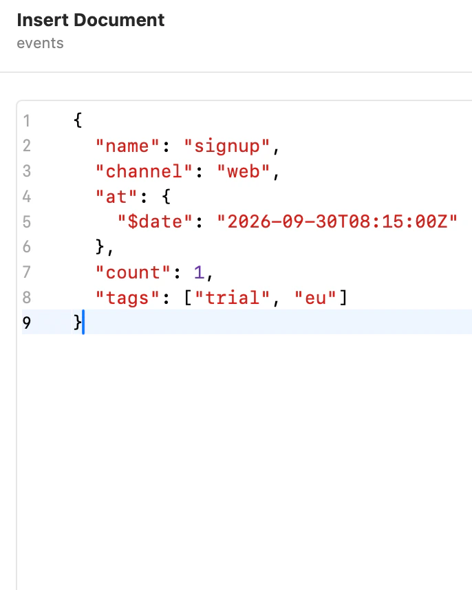 Hộp thoại Insert Document trên collection events của MongoDB, với một document viết bằng Extended JSON.