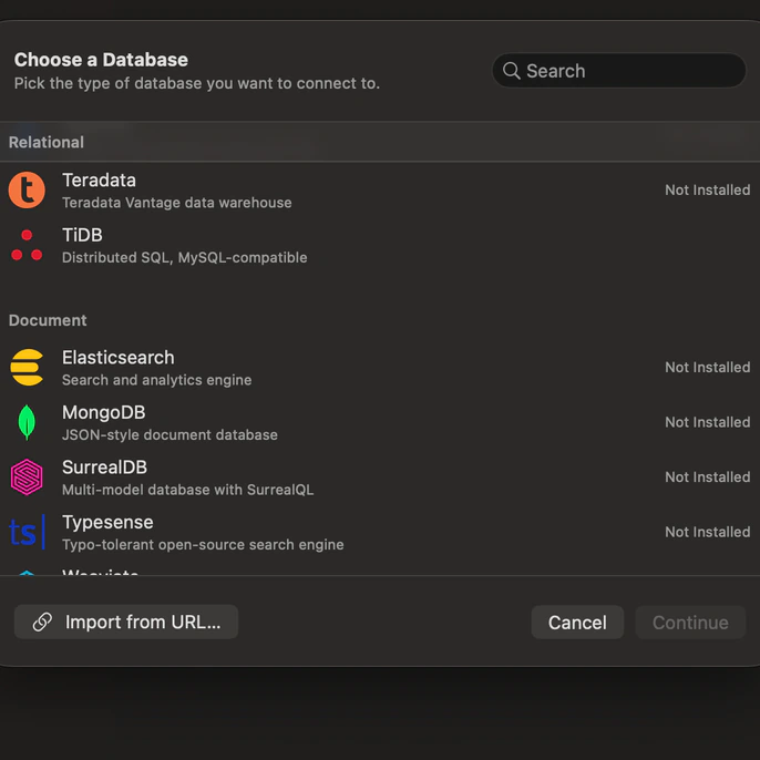 Hộp chọn loại cơ sở dữ liệu cho connection mới, các engine được chia theo nhóm, MongoDB được ghi Not Installed.