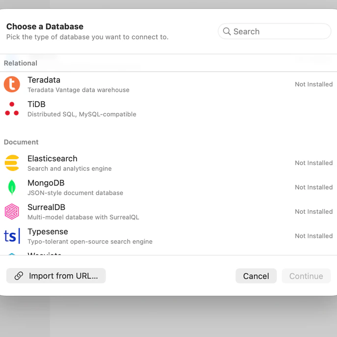 Hộp chọn loại cơ sở dữ liệu cho connection mới, các engine được chia theo nhóm, MongoDB được ghi Not Installed.