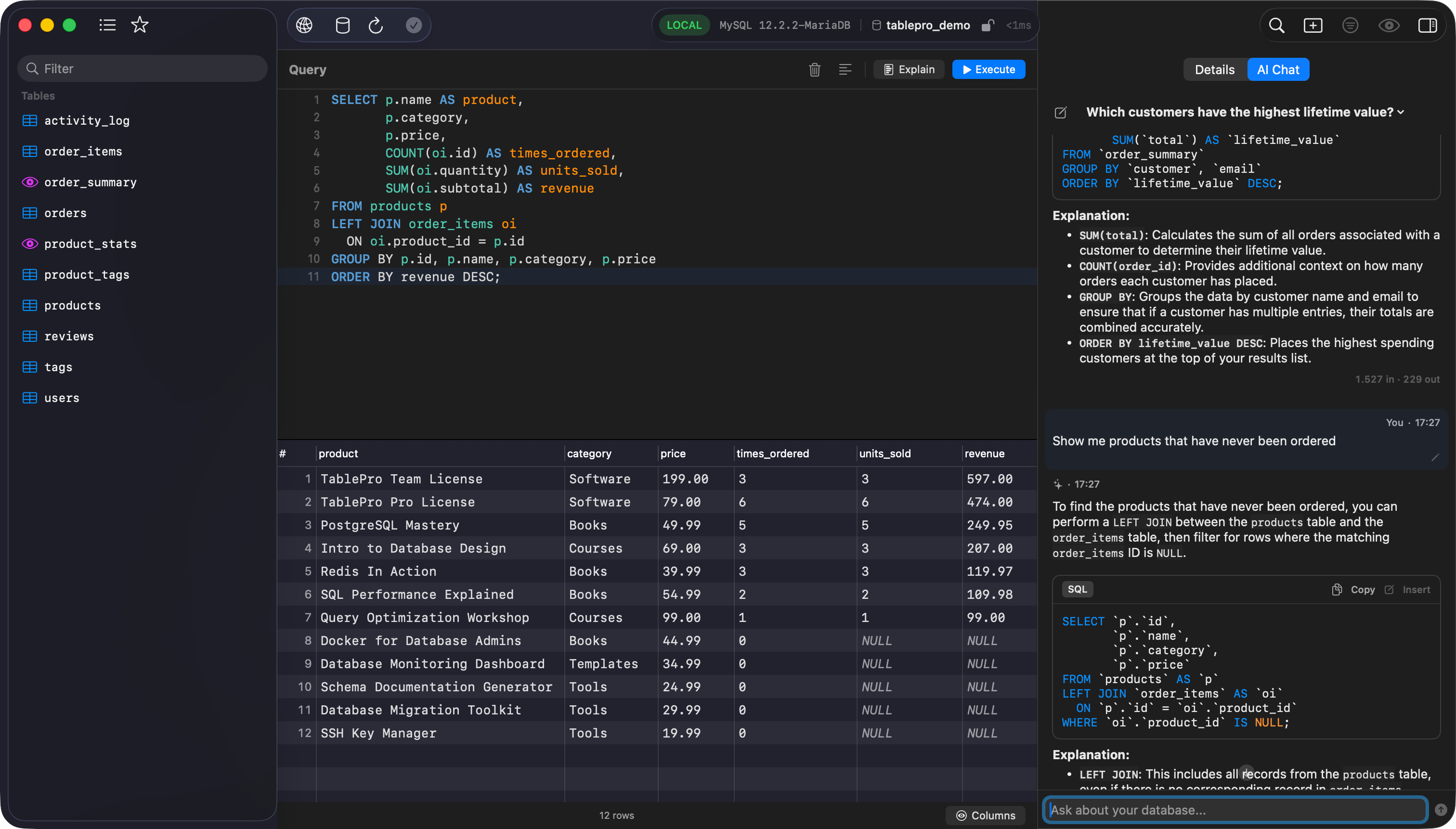 TablePro AI chat panel with schema-aware responses and inline code suggestions