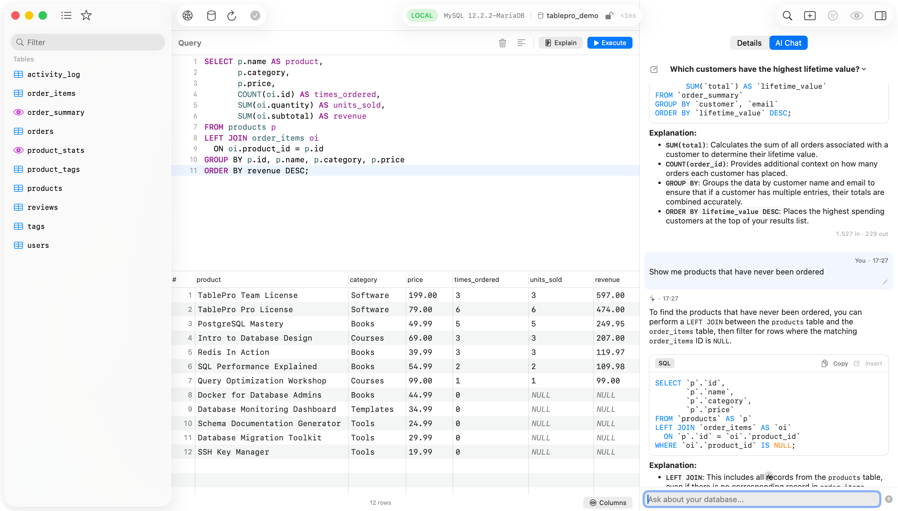 TablePro AI chat panel with schema-aware responses and inline code suggestions