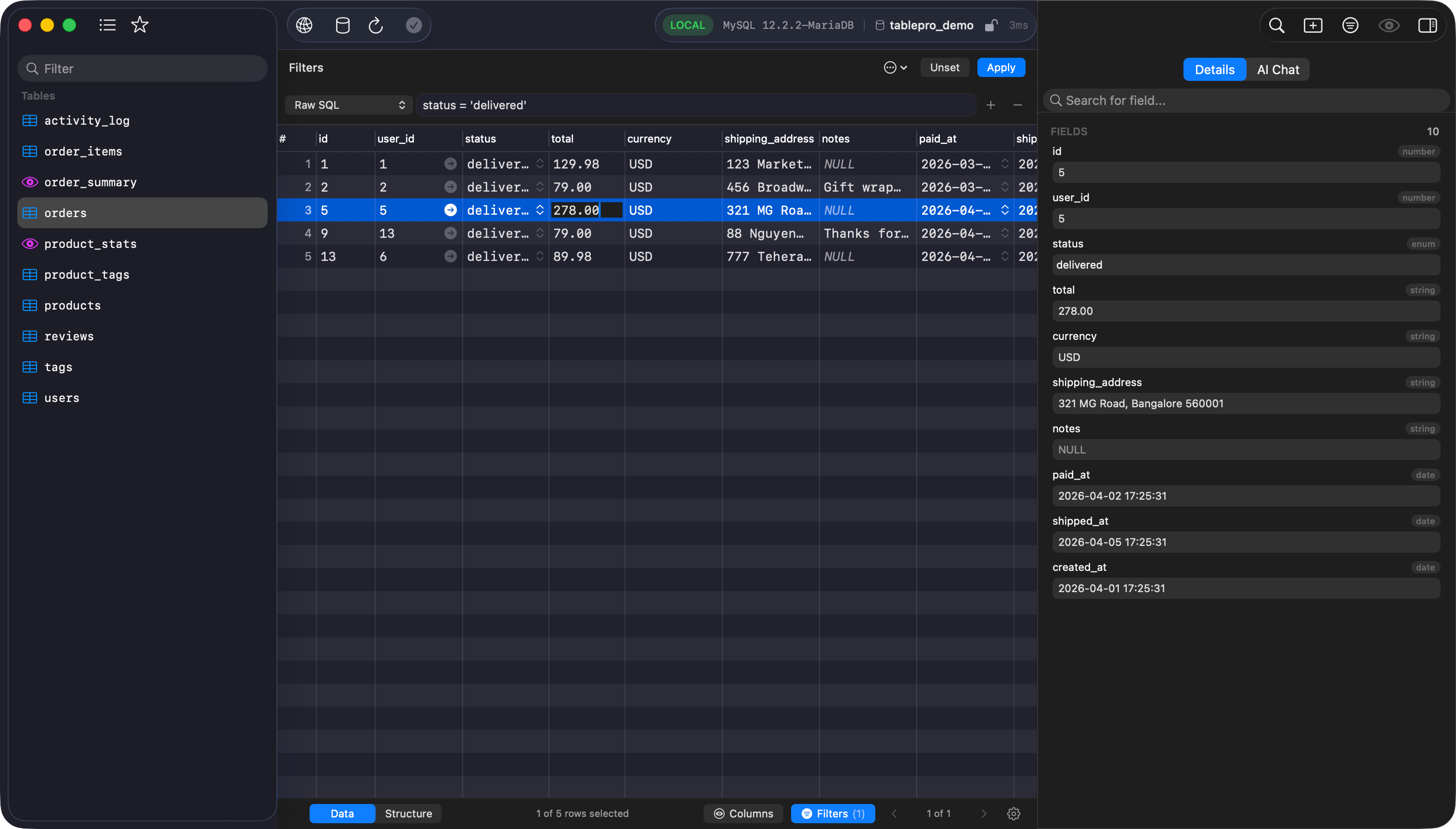 TablePro data grid showing SQLite table rows with inline editing