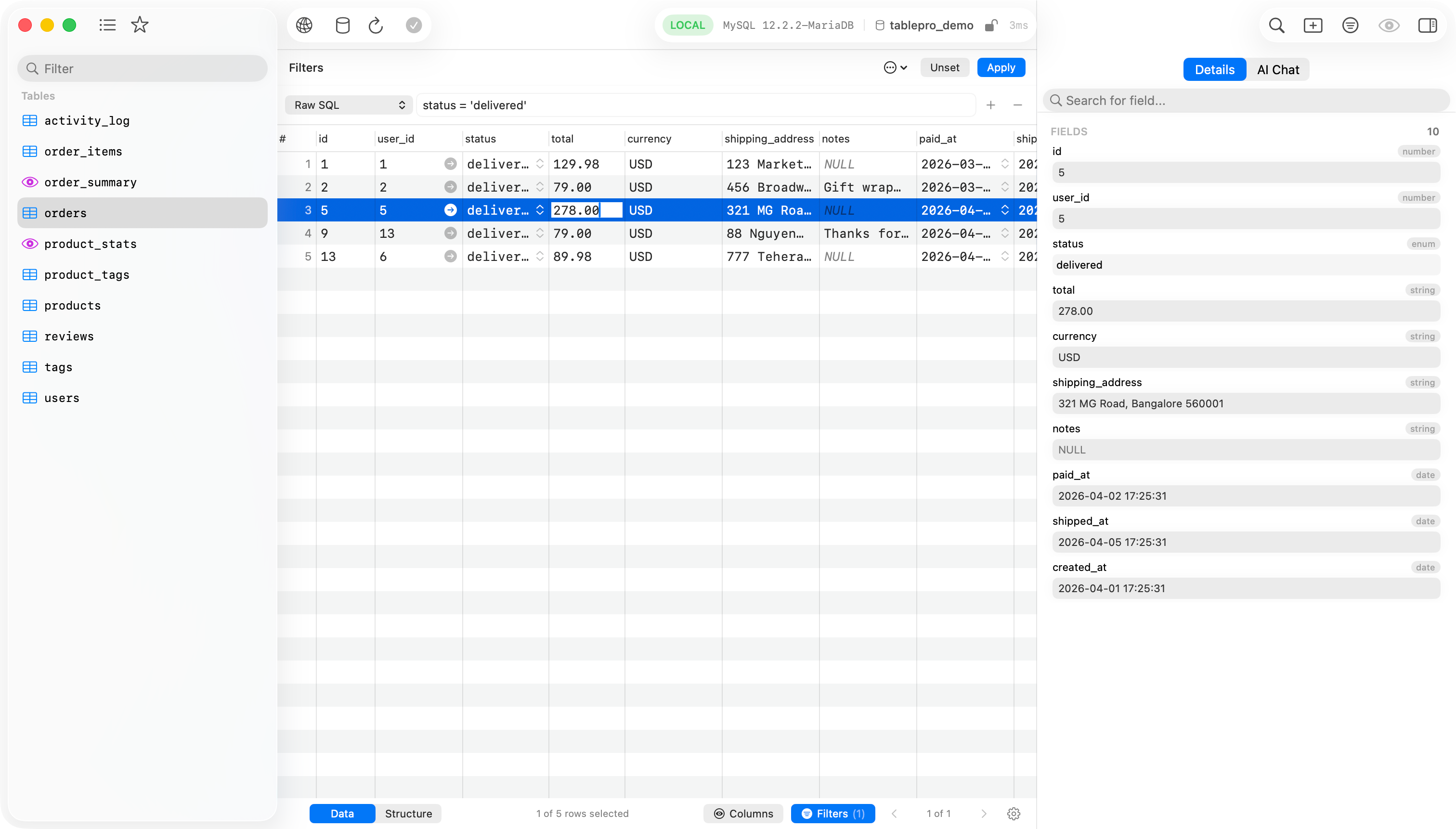 TablePro data grid showing SQLite table rows with inline editing