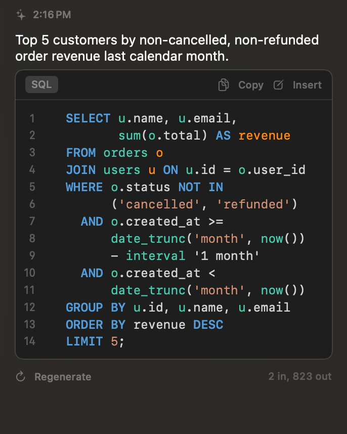 Khung AI chat trả lời câu hỏi về những khách hàng có doanh thu cao nhất tháng trước, kèm một query SQL và các nút Copy và Insert.